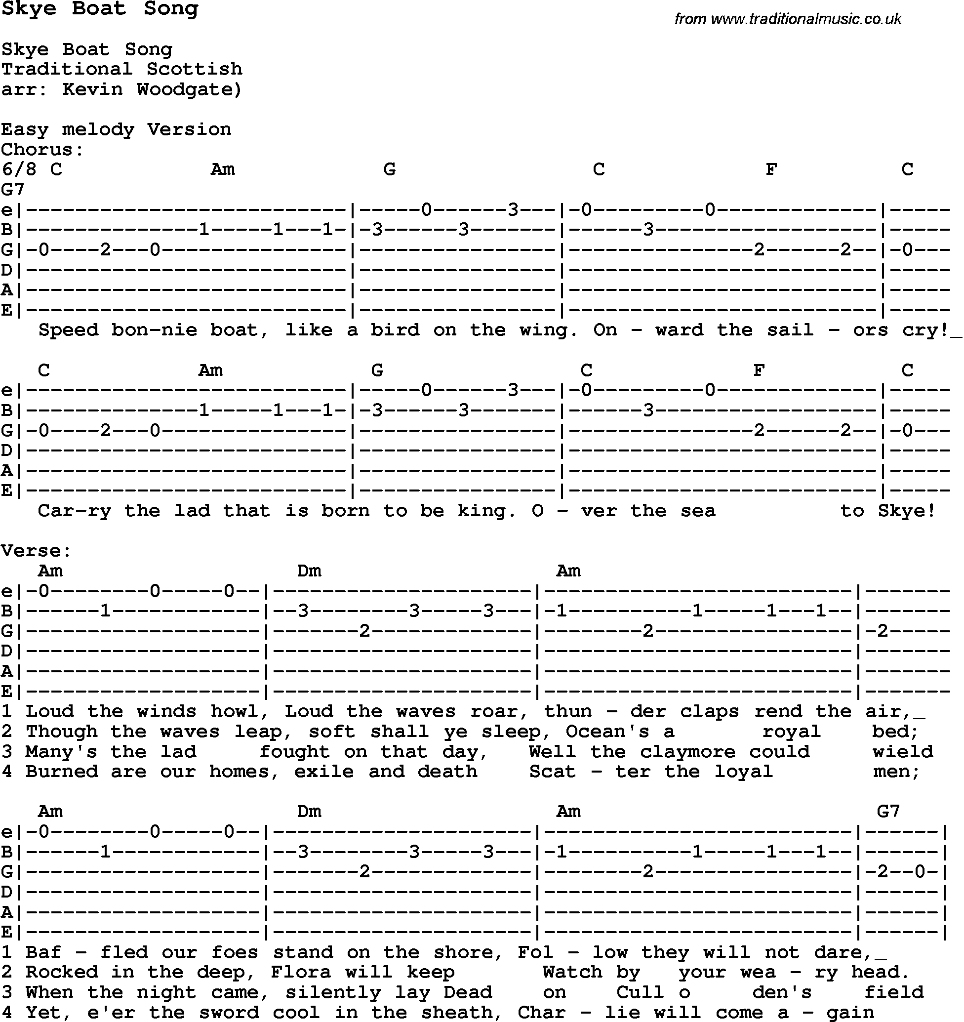 Traditional Song Skye Boat Song with Chords, Tabs and Lyrics