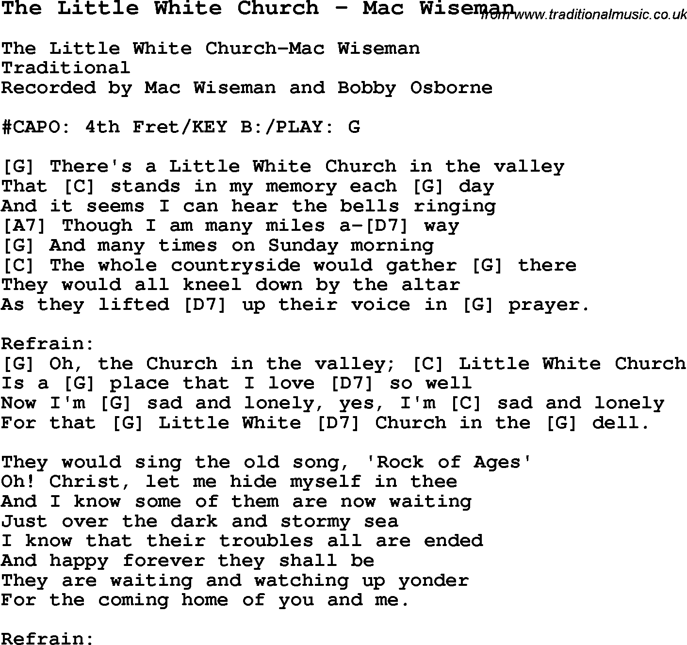 Traditional Song The Little White Church - Mac Wiseman with Chords, Tabs and Lyrics