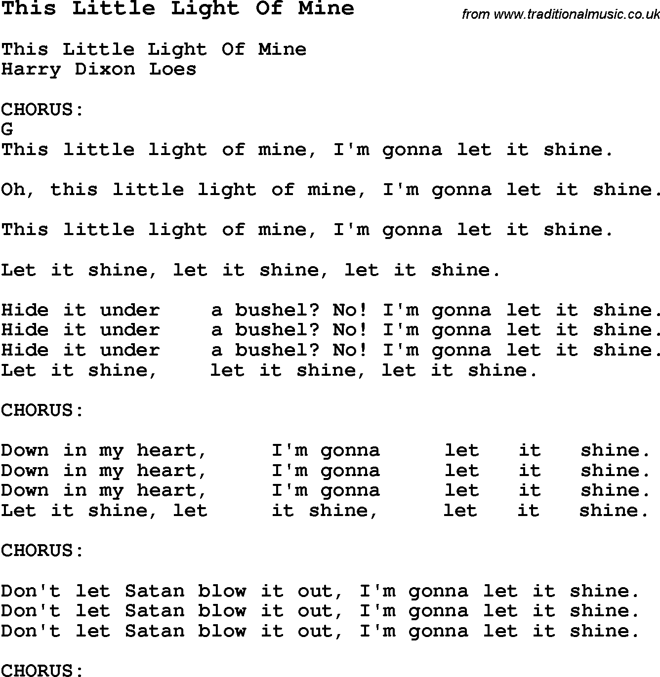 Traditional Song This Little Light Of Mine with Chords, Tabs and Lyrics