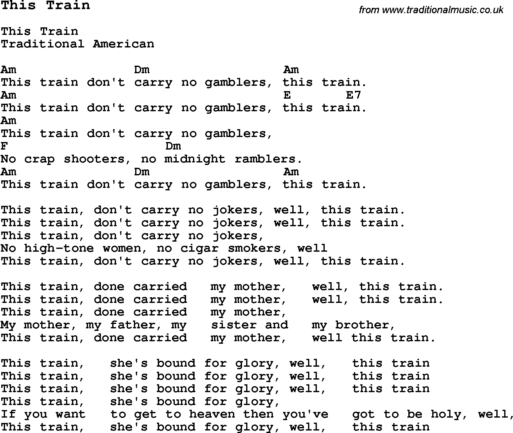 Traditional Song This Train with Chords, Tabs and Lyrics