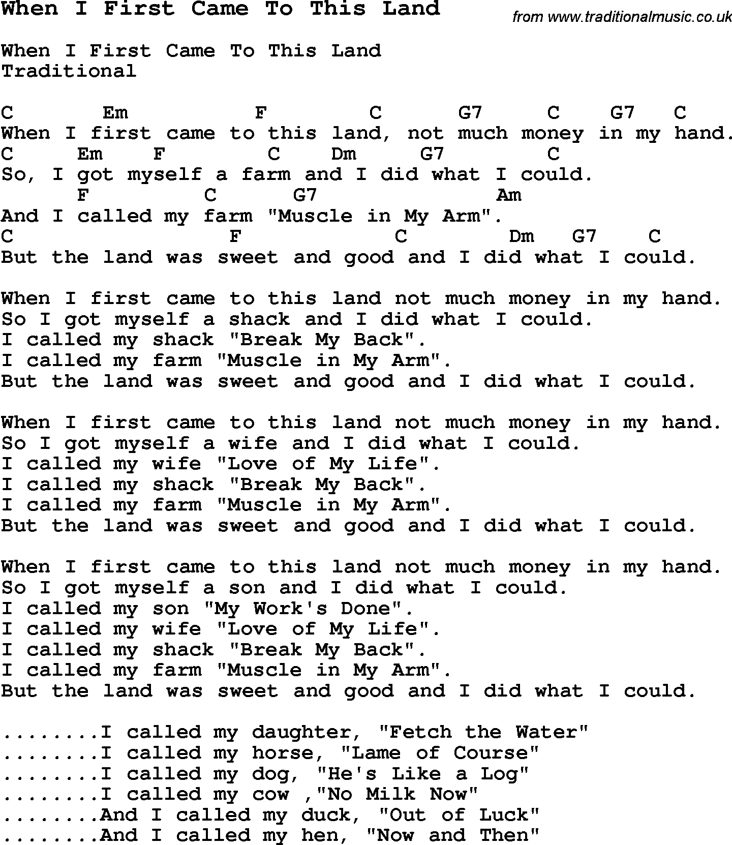 Traditional Song When I First Came To This Land with Chords, Tabs and Lyrics