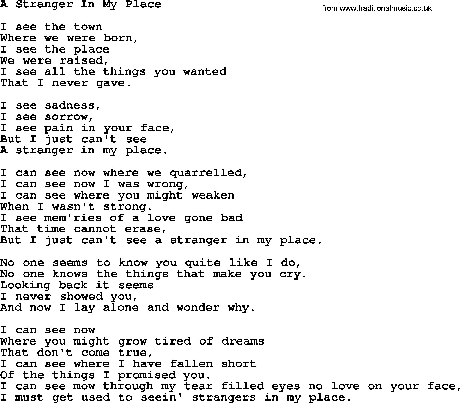 Joan Baez song A Stranger In My Place, lyrics