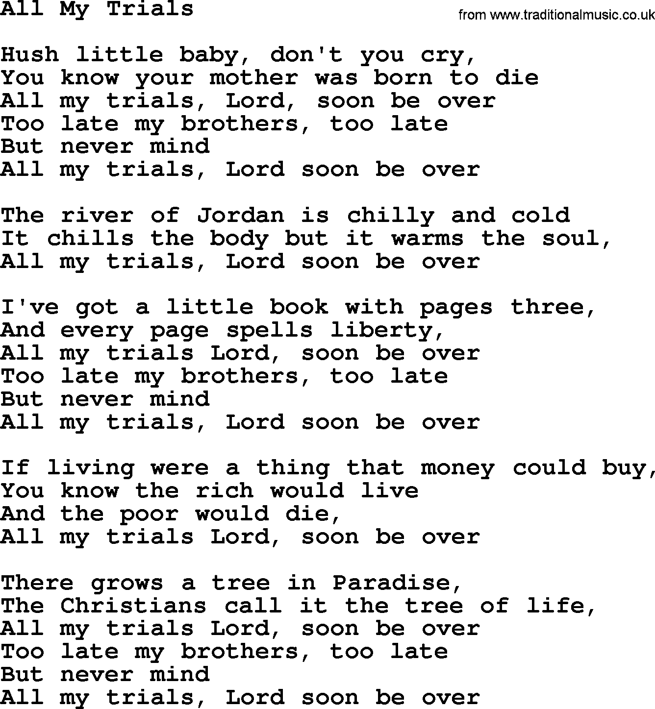 Joan Baez song All My Trials, lyrics