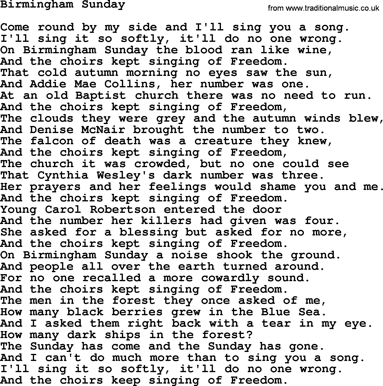 Joan Baez song Birmingham Sunday, lyrics