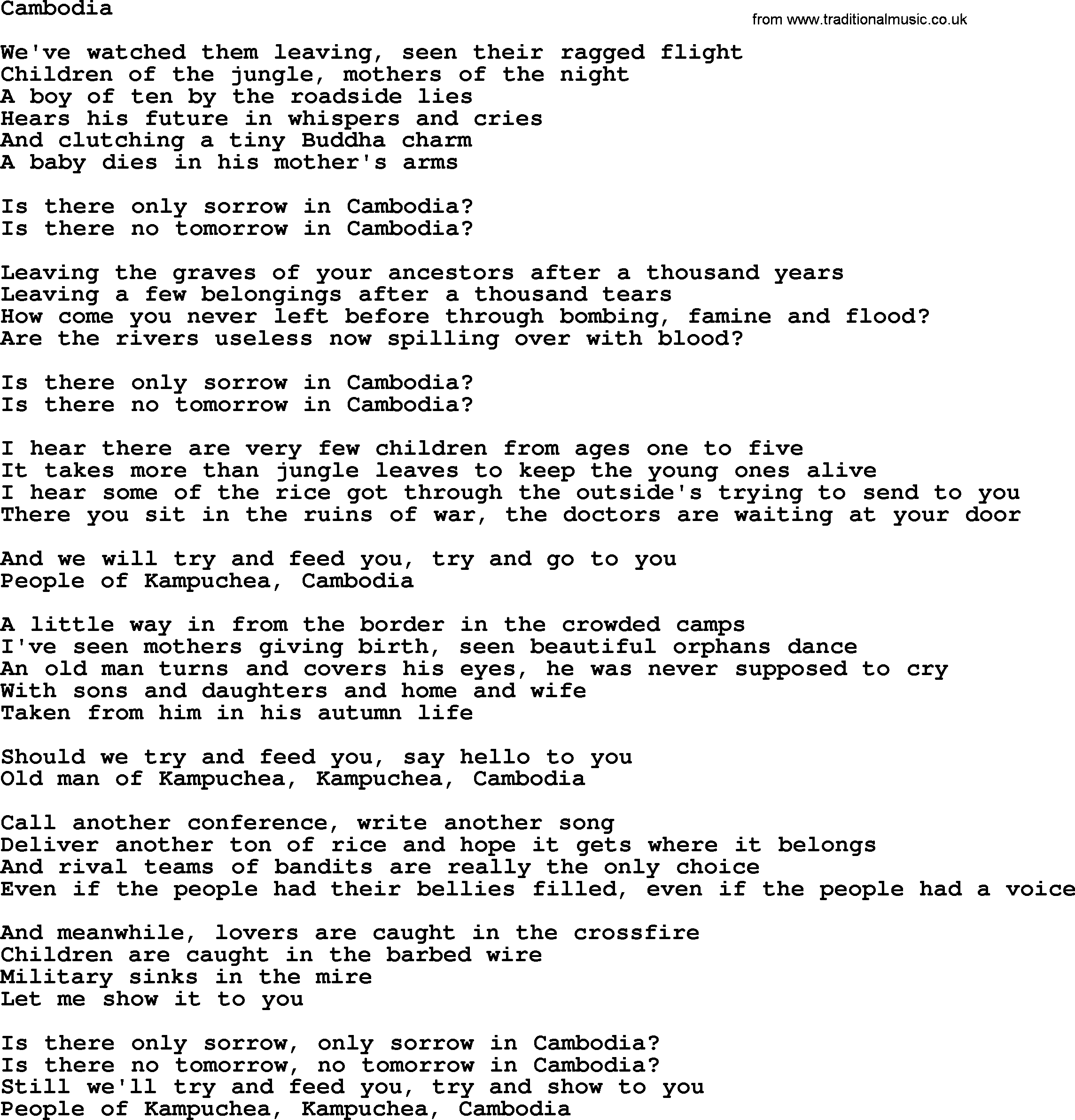 Joan Baez song Cambodia, lyrics