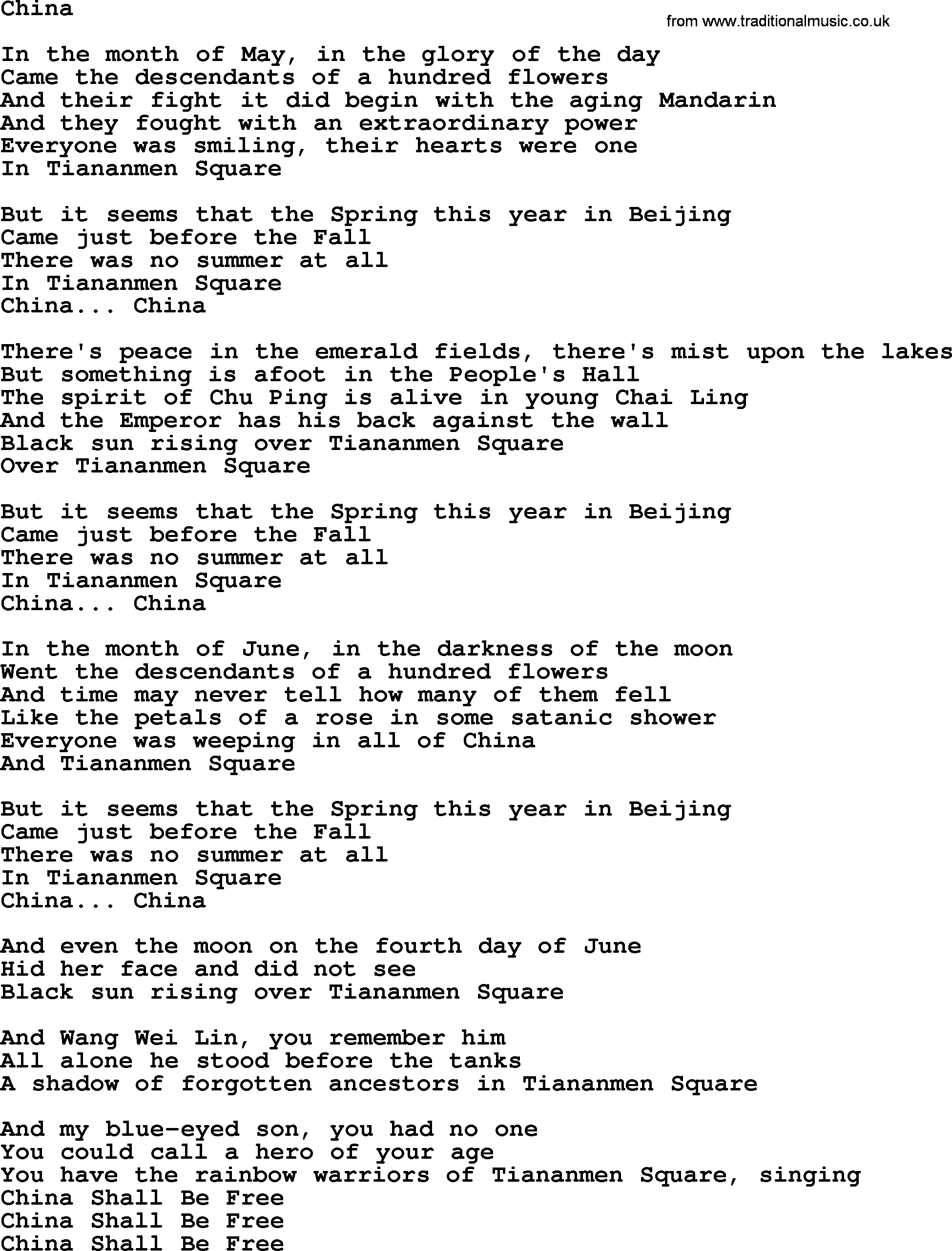Joan Baez song China, lyrics