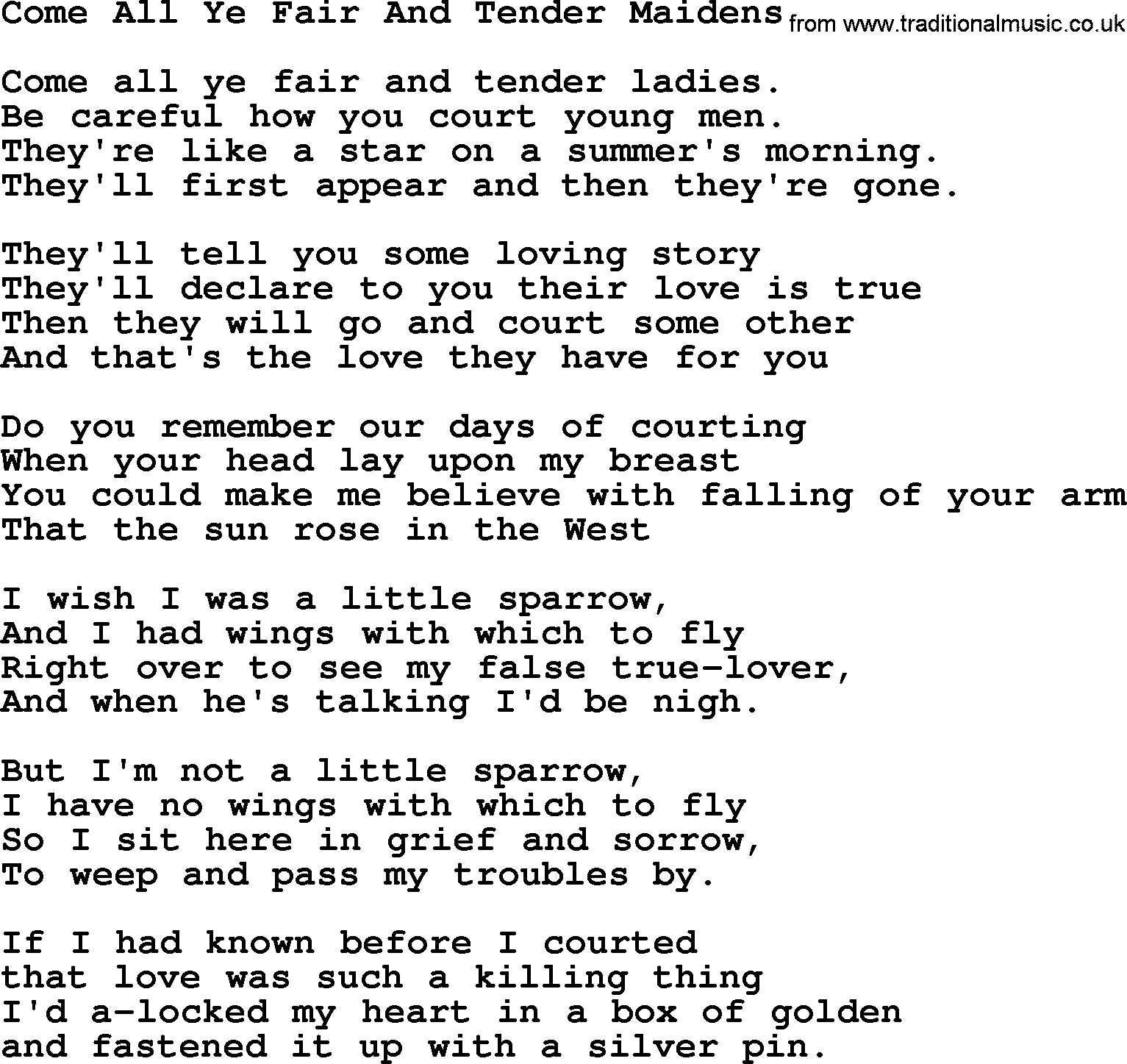 Joan Baez song Come All Ye Fair And Tender Maidens, lyrics