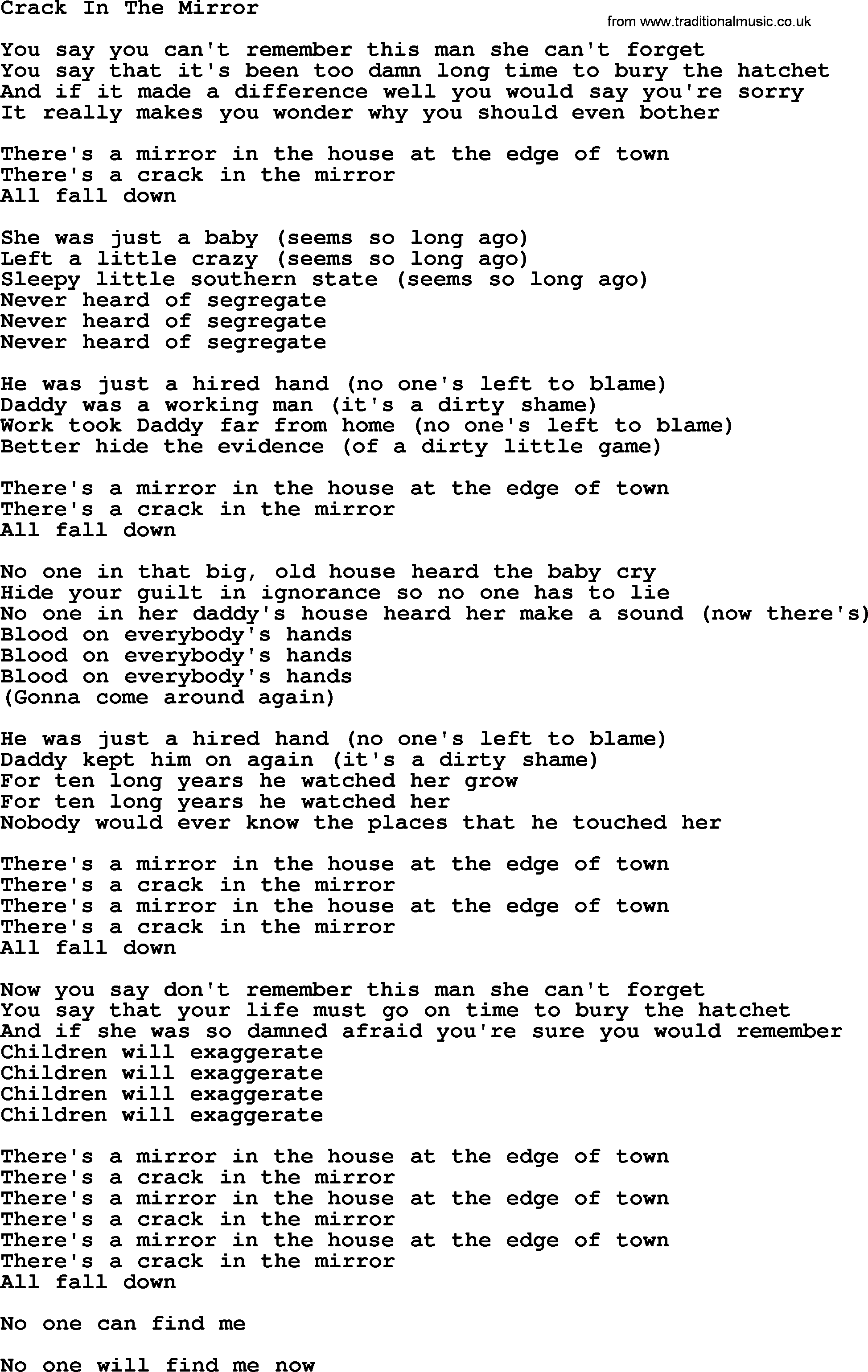 Joan Baez song Crack In The Mirror, lyrics