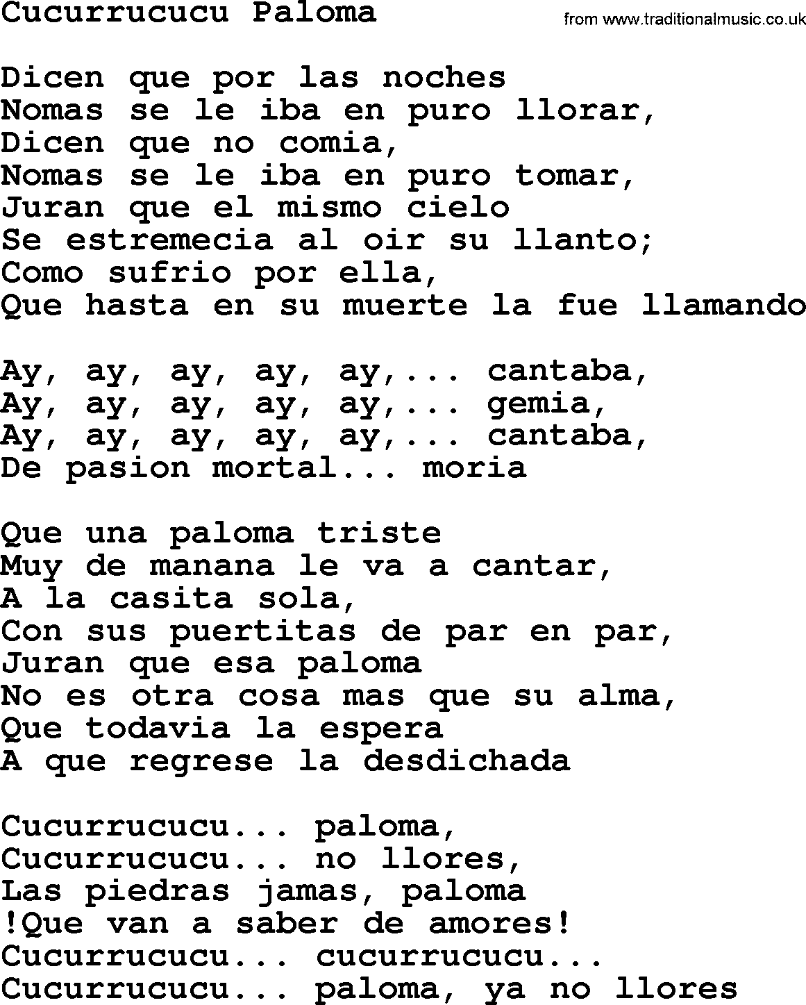 Joan Baez song Cucurrucucu Paloma, lyrics