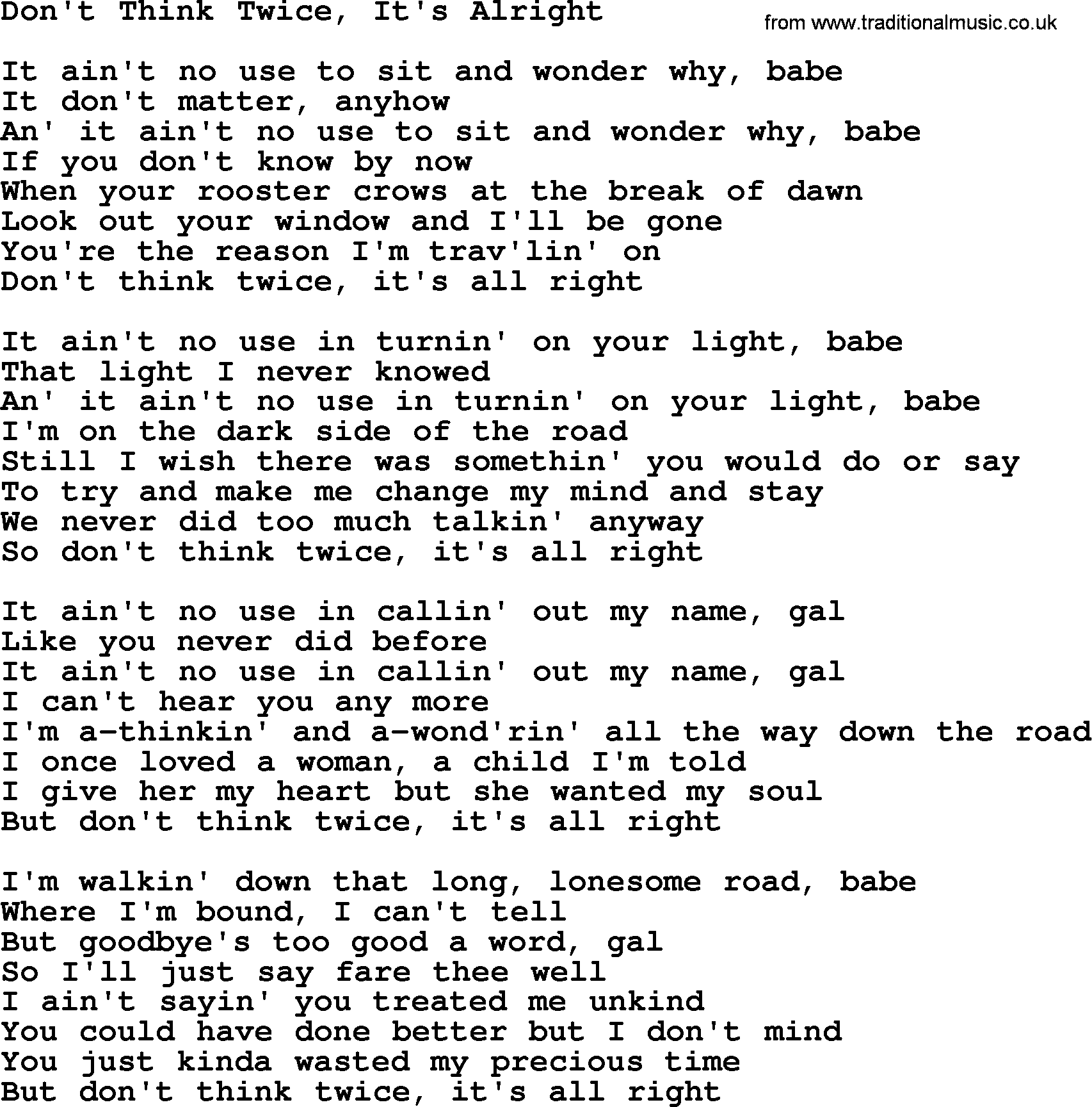 Joan Baez song Don't Think Twice, It's Alright, lyrics
