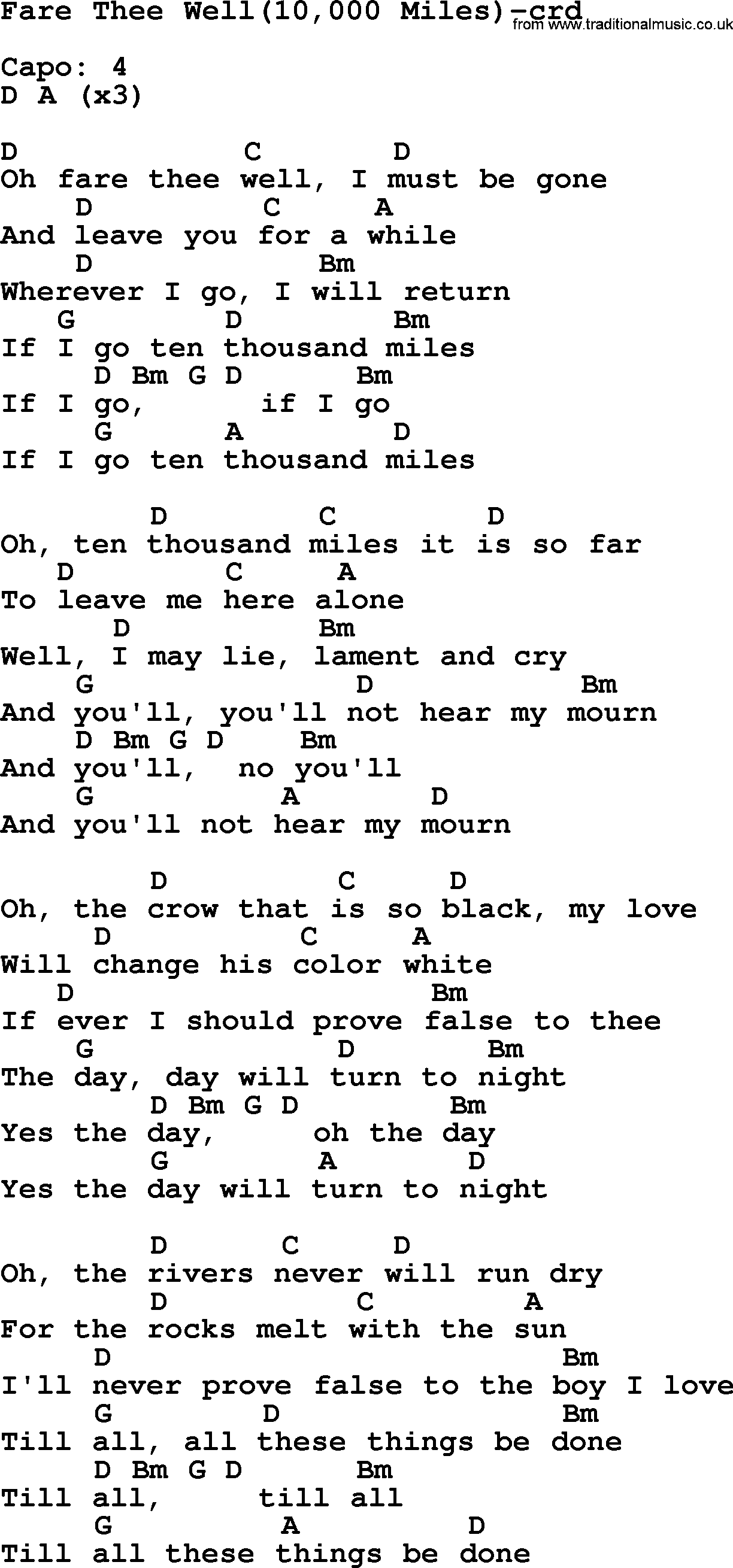 Joan Baez song Fare Thee Well 10,000 Miles lyrics and chords