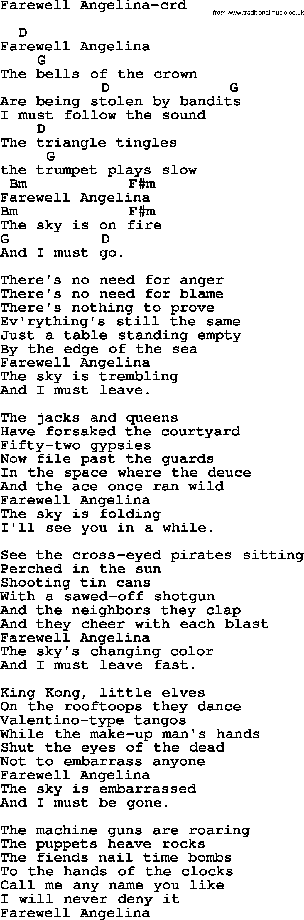 Joan Baez song Farewell Angelina lyrics and chords