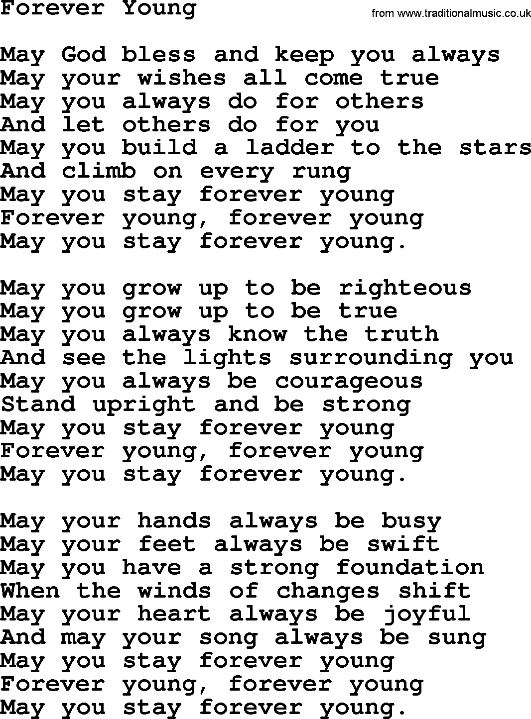 Joan Baez song Forever Young, lyrics