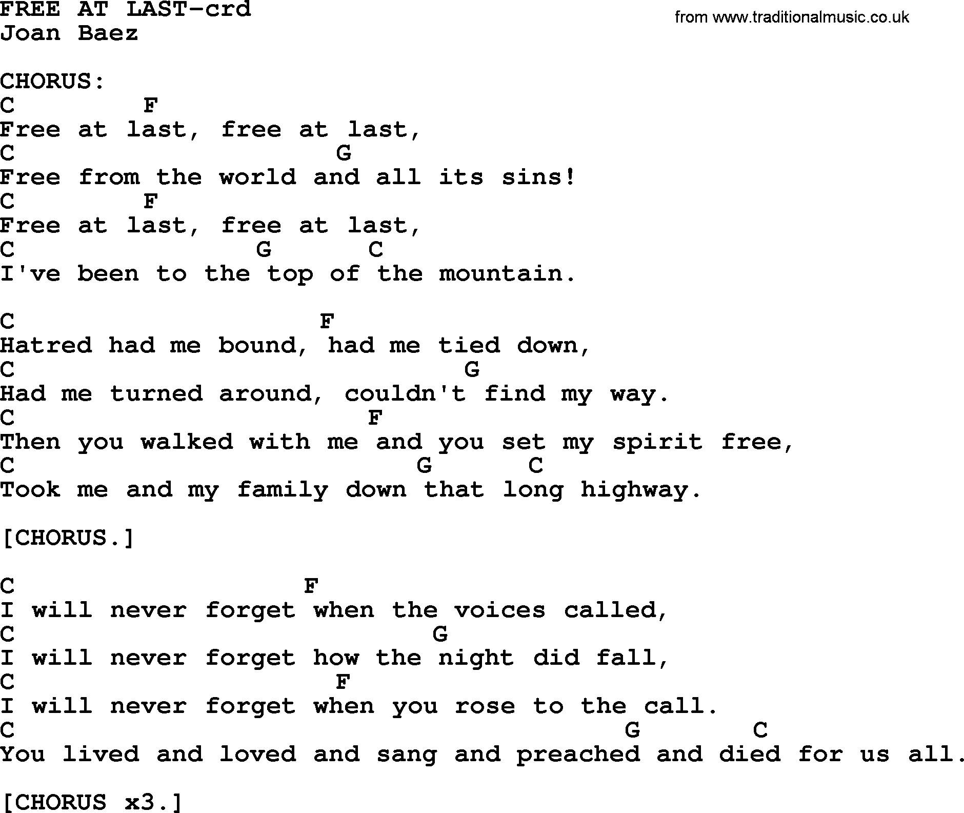 Joan Baez song Free At Last lyrics and chords