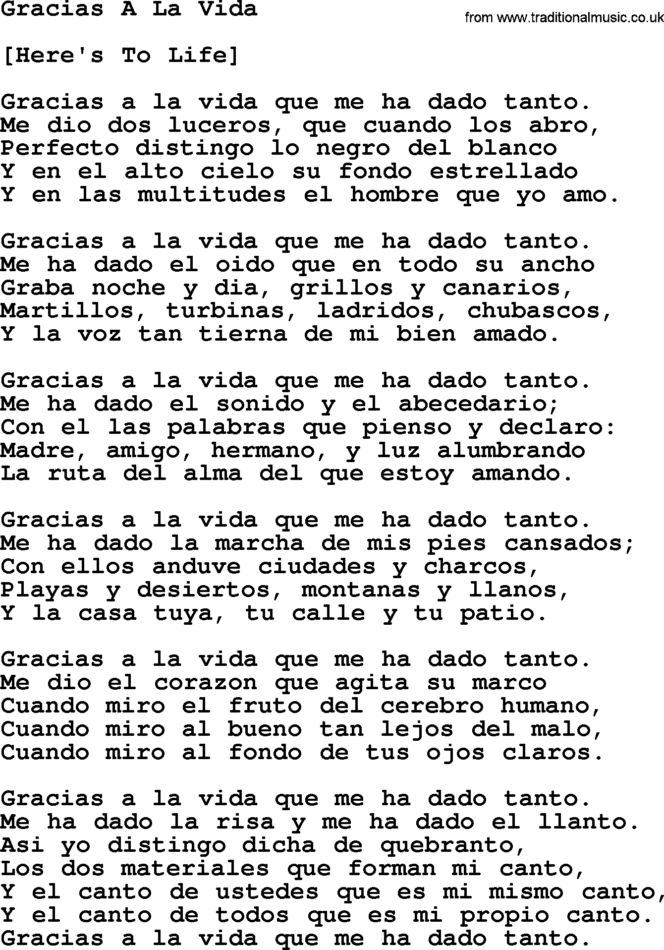 Joan Baez song Gracias A La Vida, lyrics
