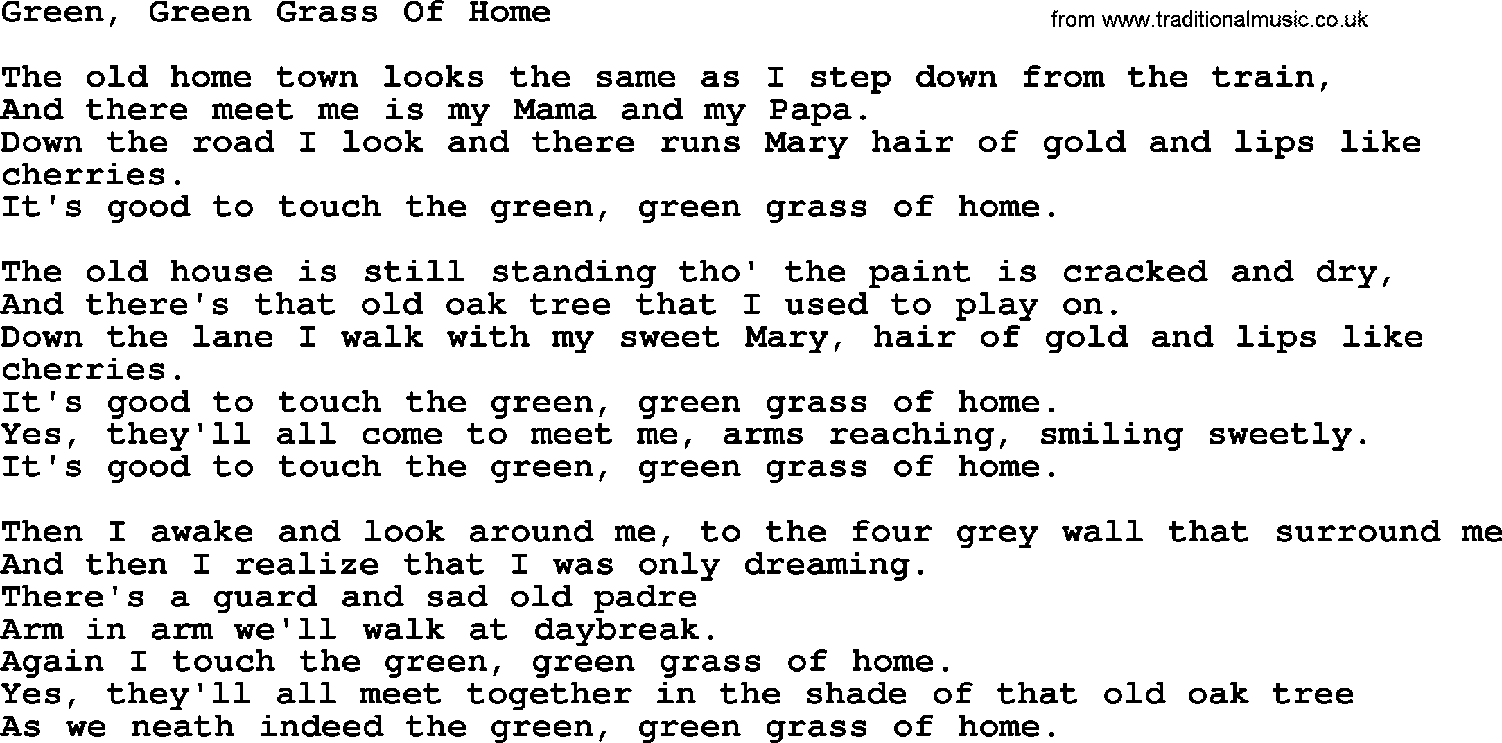 Joan Baez song Green, Green Grass Of Home, lyrics