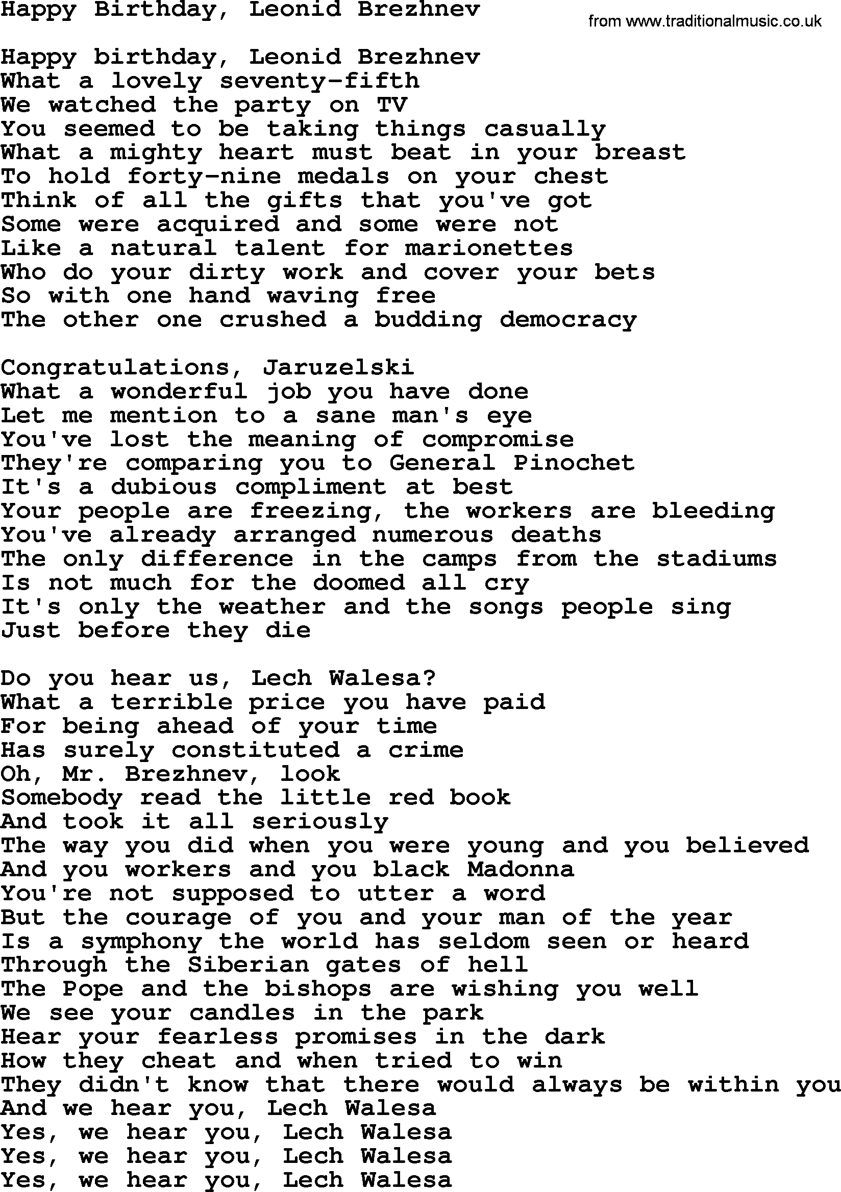 Joan Baez song Happy Birthday, Leonid Brezhnev, lyrics