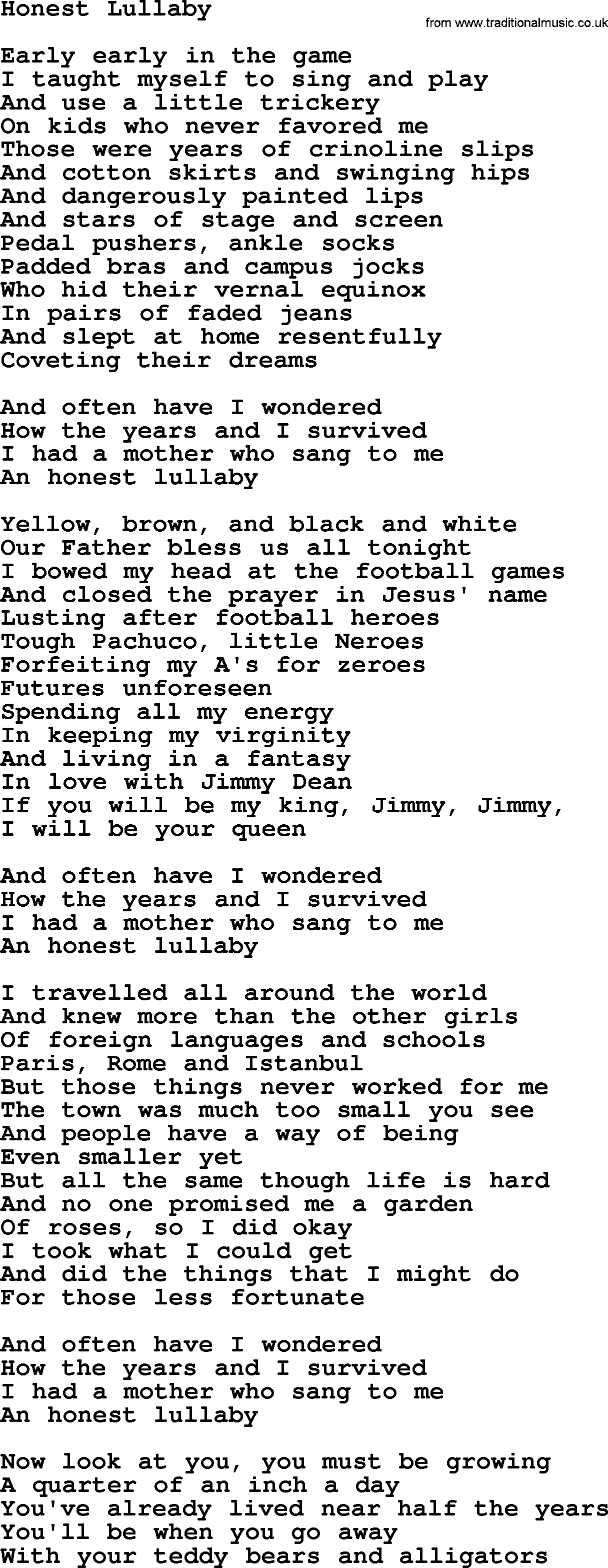 Joan Baez song Honest Lullaby, lyrics