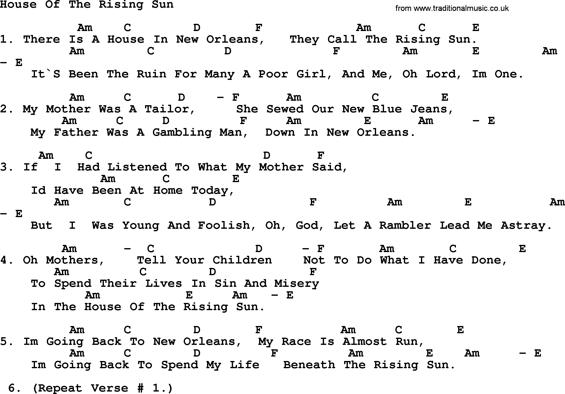 House Of The Rising Sun sheet music for guitar (chords) (PDF)