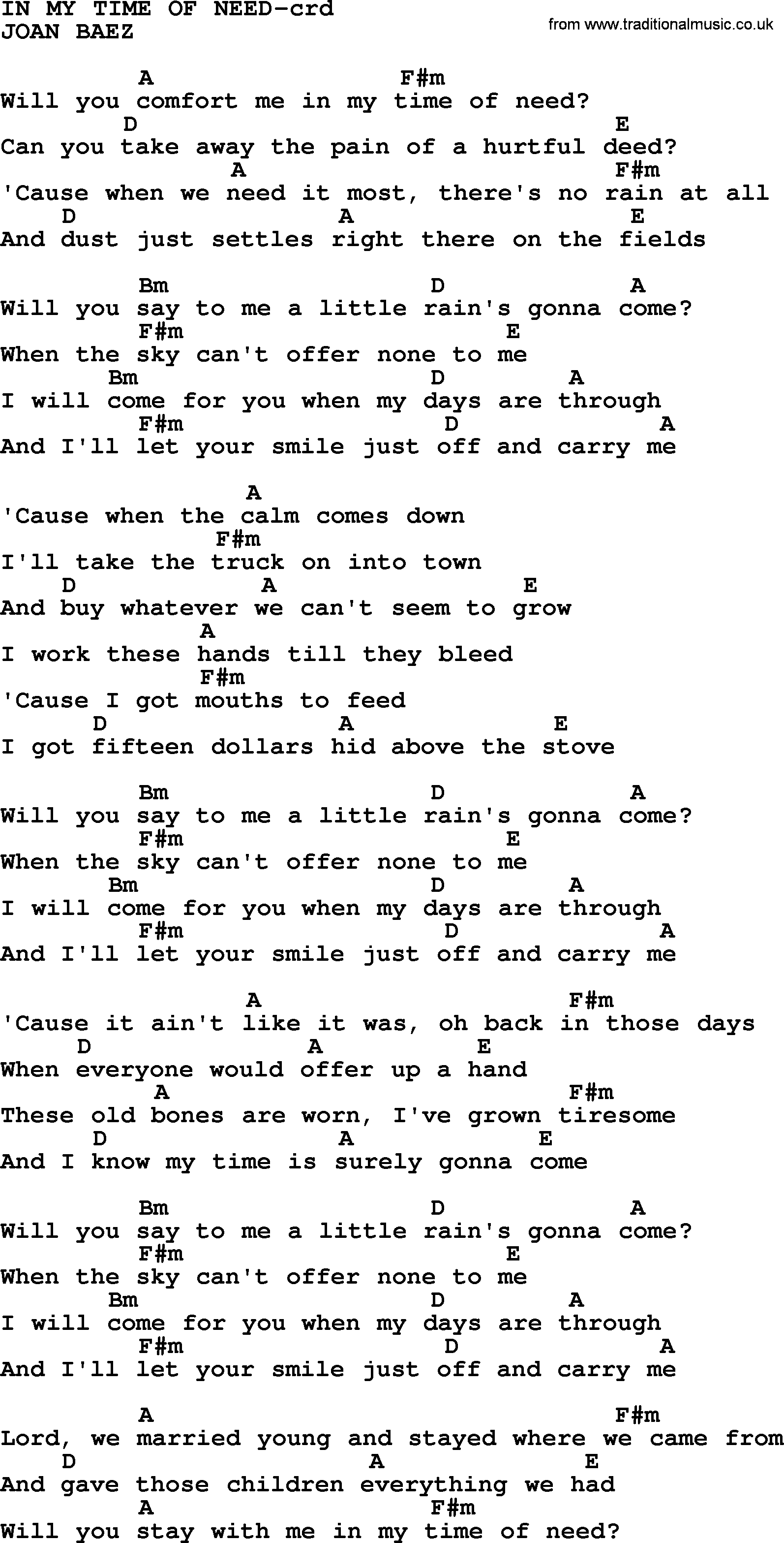 Joan Baez song In My Time Of Need lyrics and chords