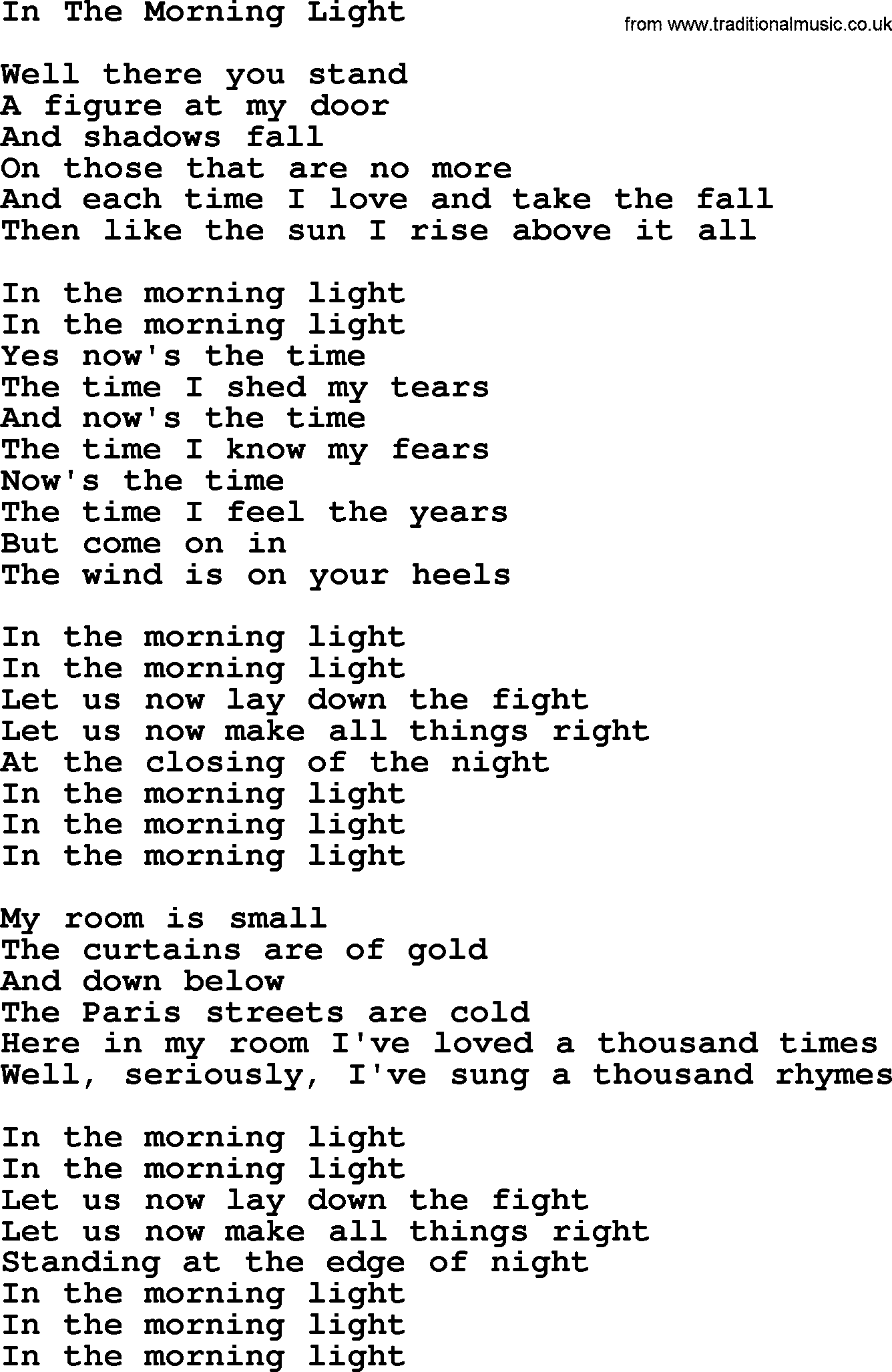 Joan Baez song In The Morning Light, lyrics