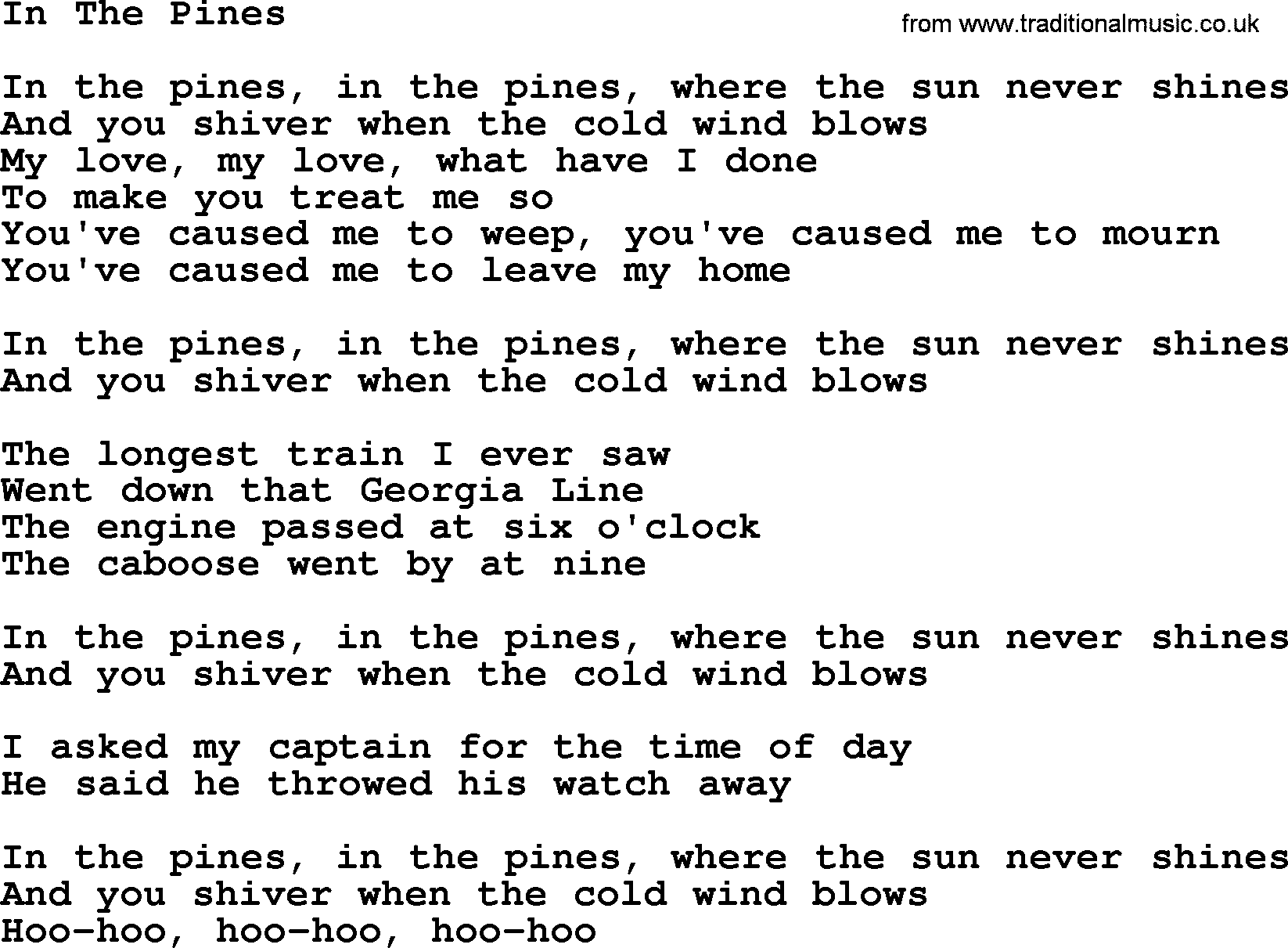 Joan Baez song In The Pines, lyrics