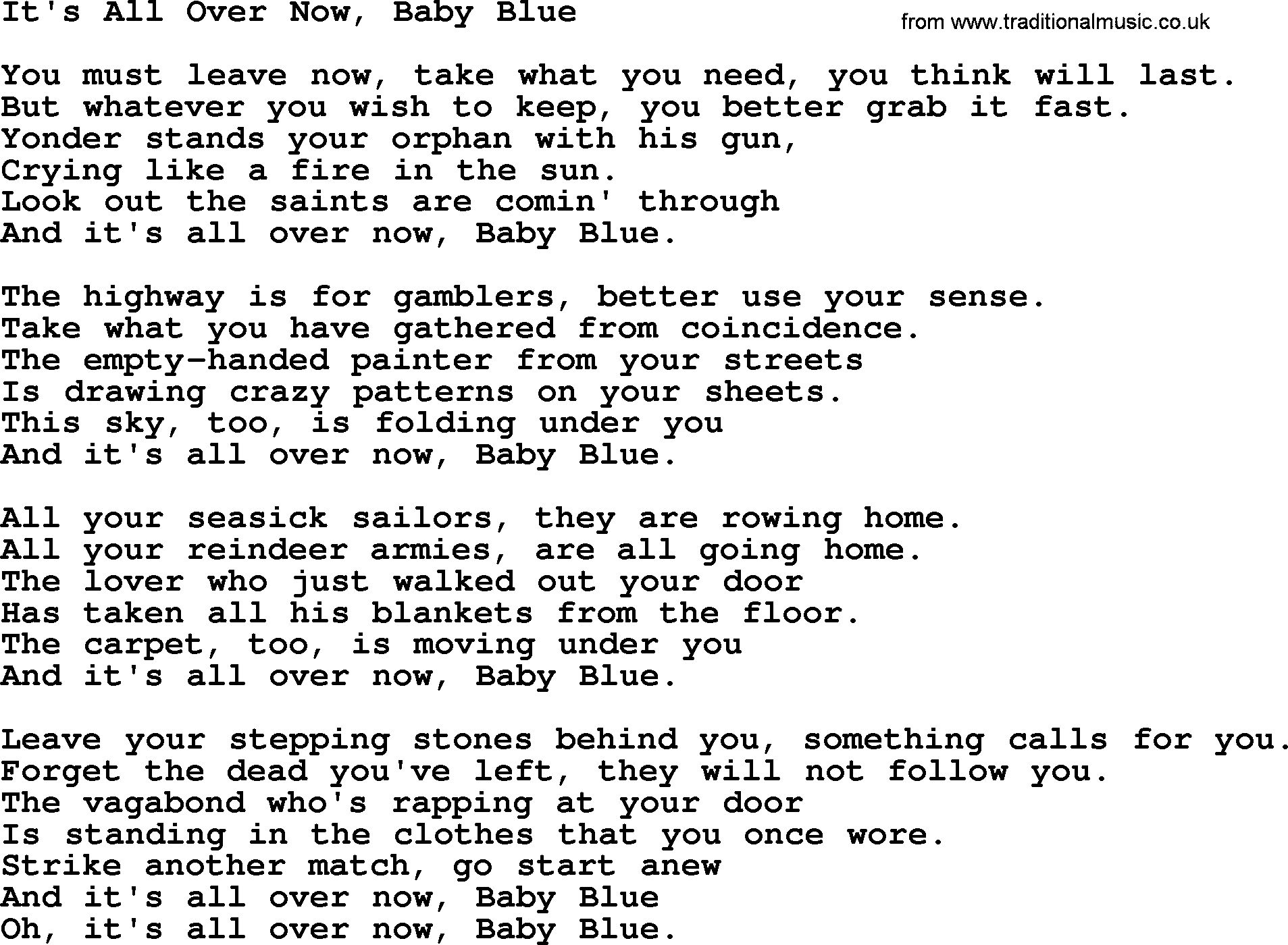 Joan Baez song It's All Over Now, Baby Blue, lyrics