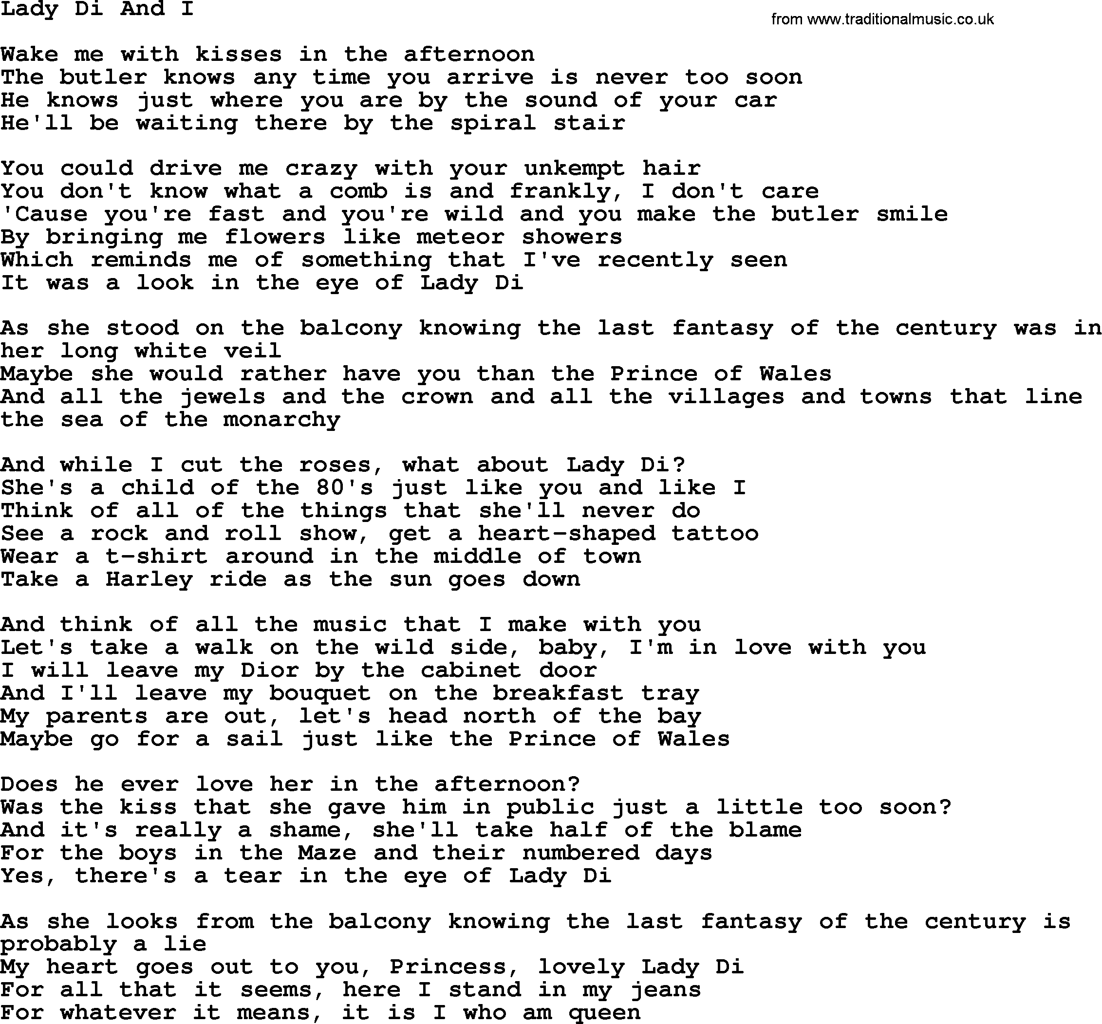 Joan Baez song Lady Di And I, lyrics