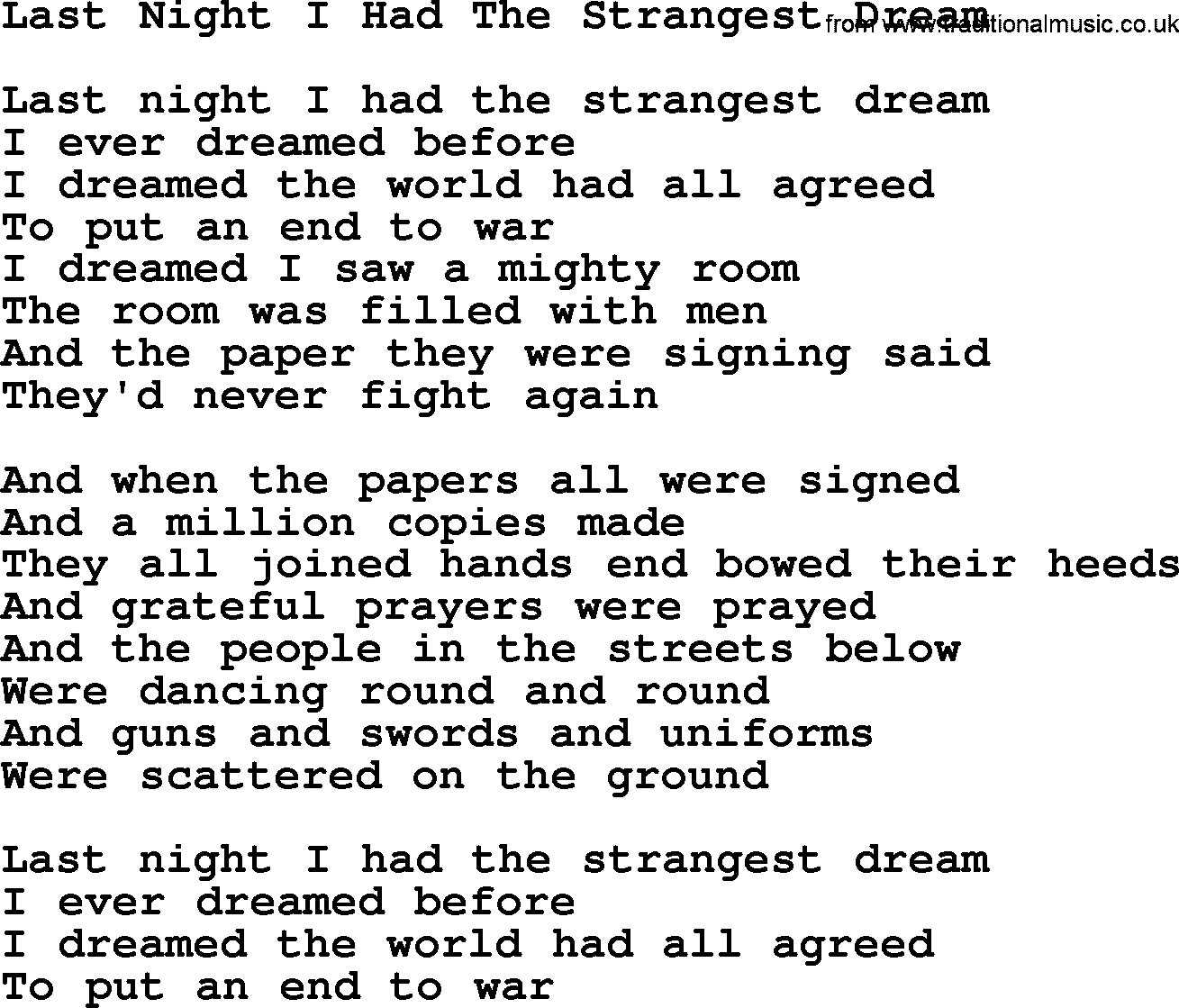 Joan Baez song - Last Night I Had The Strangest Dream, lyrics