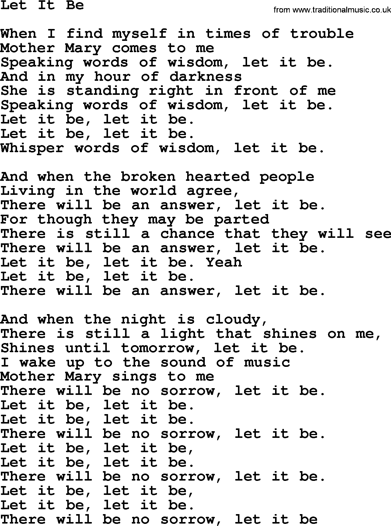 Joan Baez song Let It Be, lyrics