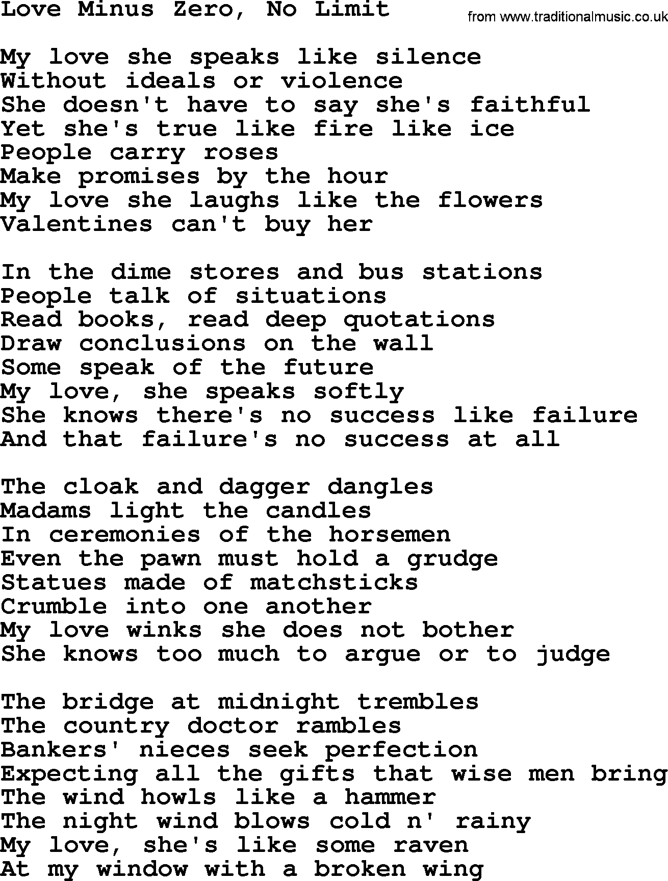 Joan Baez song Love Minus Zero, No Limit, lyrics