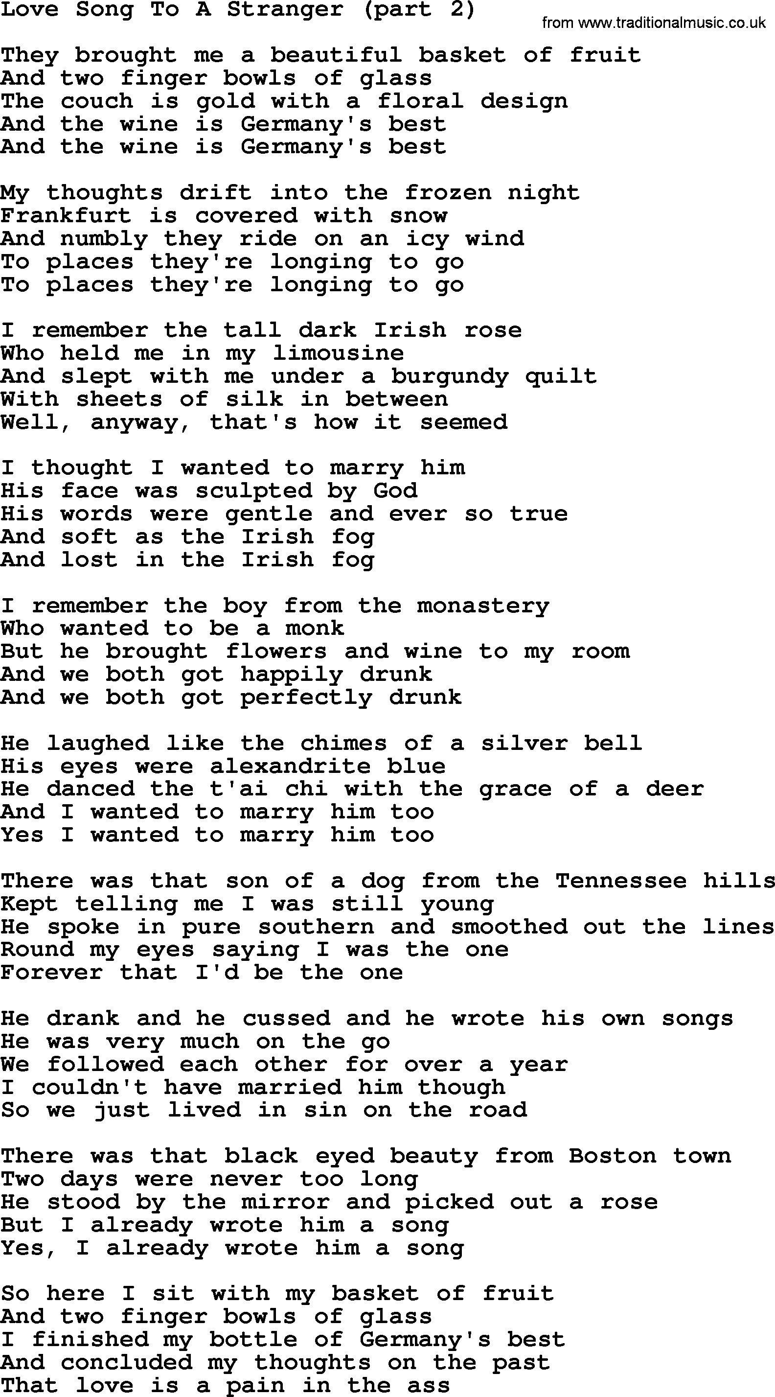 Joan Baez song Love Song To A Stranger(Part 2), lyrics