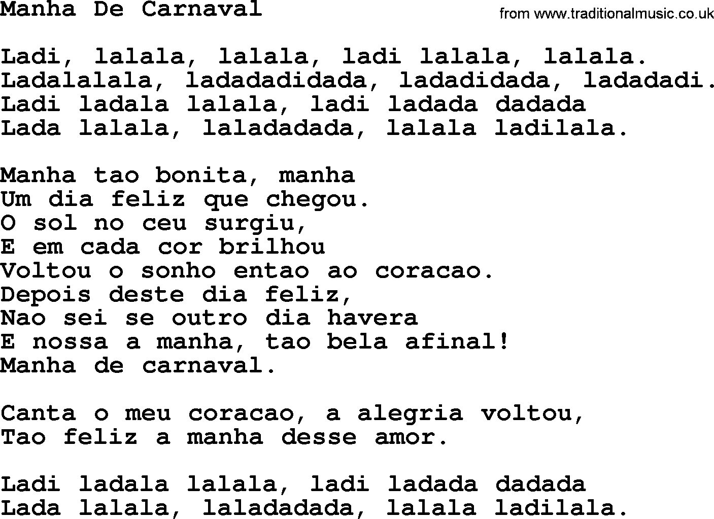 Joan Baez song Manha De Carnaval, lyrics