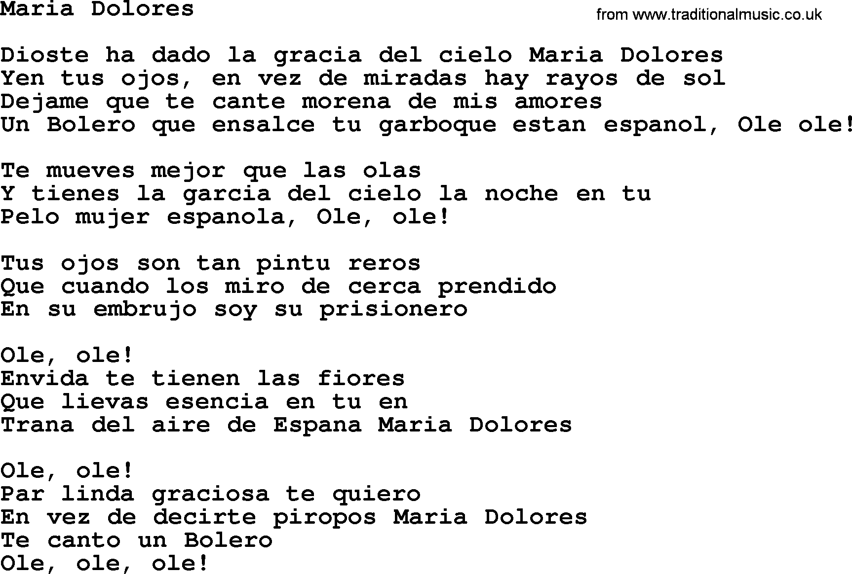 Joan Baez song Maria Dolores, lyrics