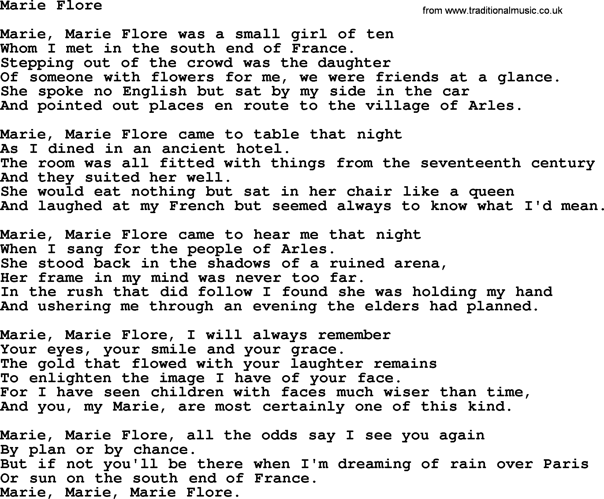 Joan Baez song Marie Flore, lyrics