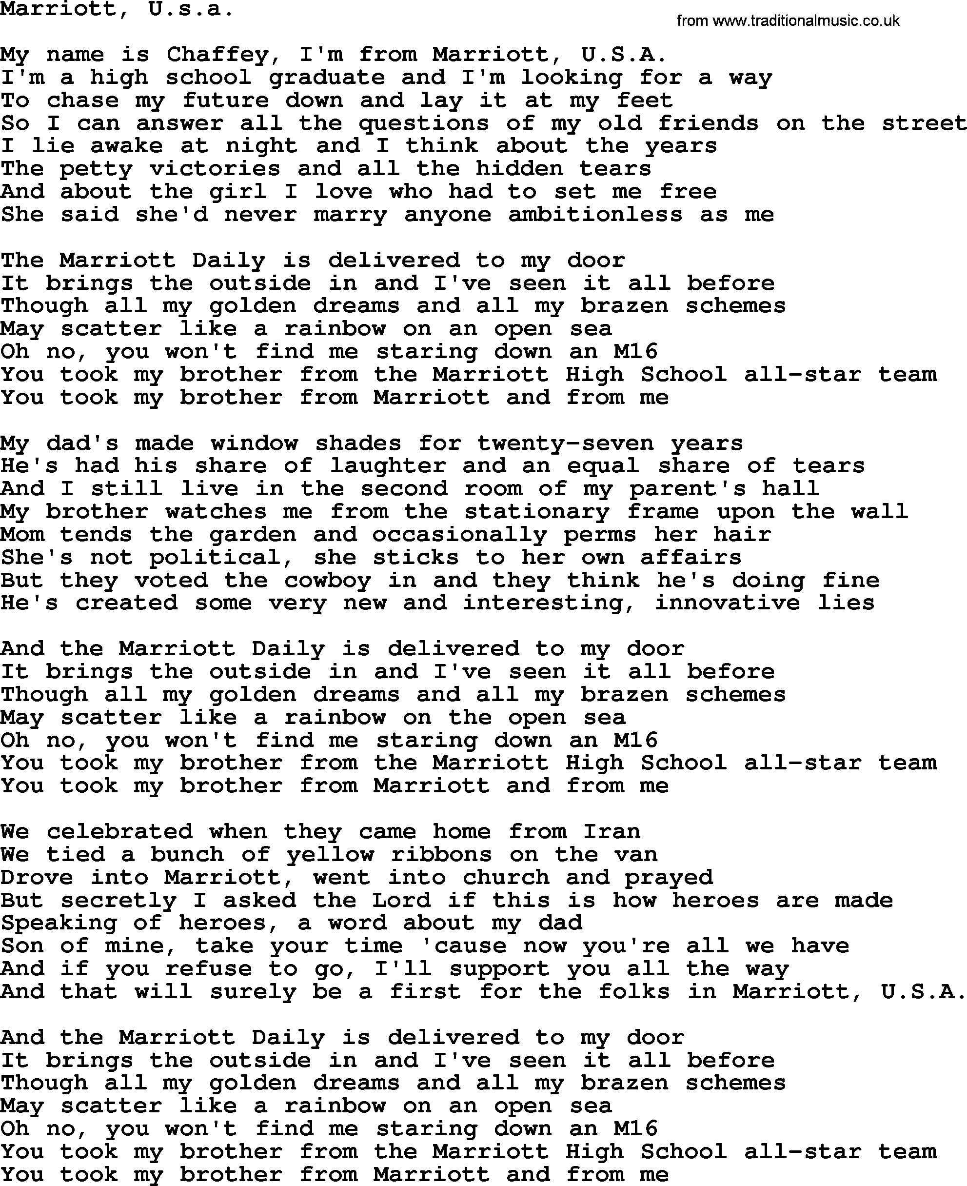 Joan Baez song Marriott, U.s.a., lyrics