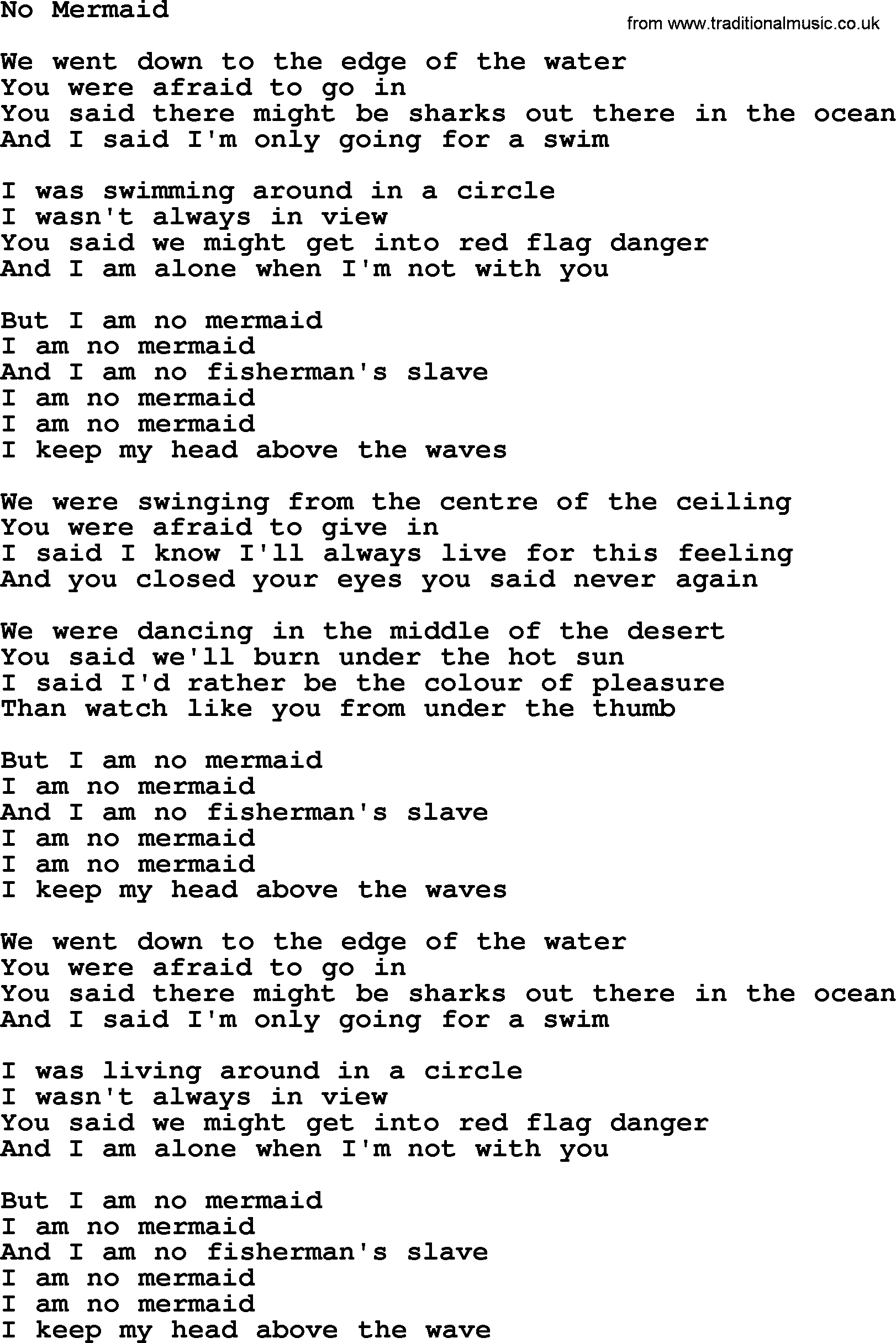 Joan Baez song No Mermaid, lyrics