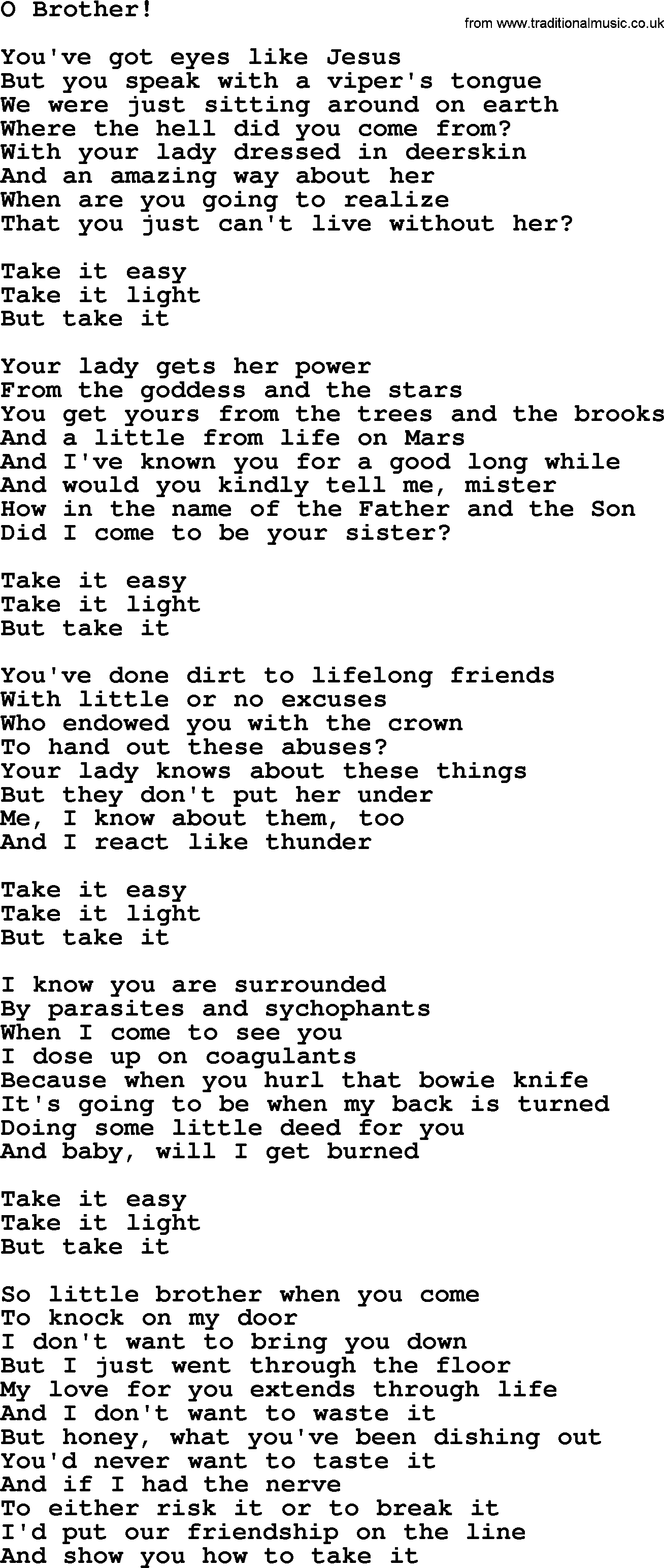 Joan Baez song O Brother!, lyrics