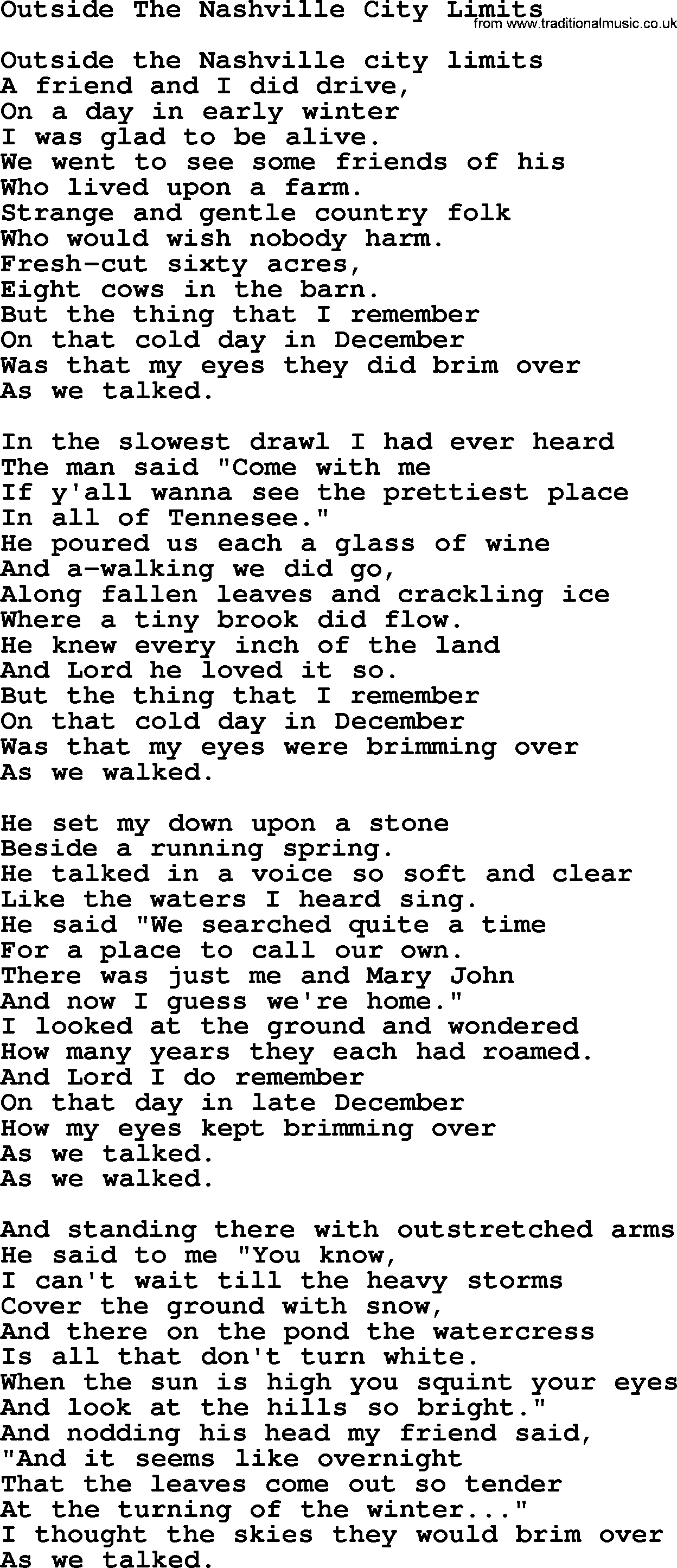 Joan Baez song Outside The Nashville City Limits, lyrics