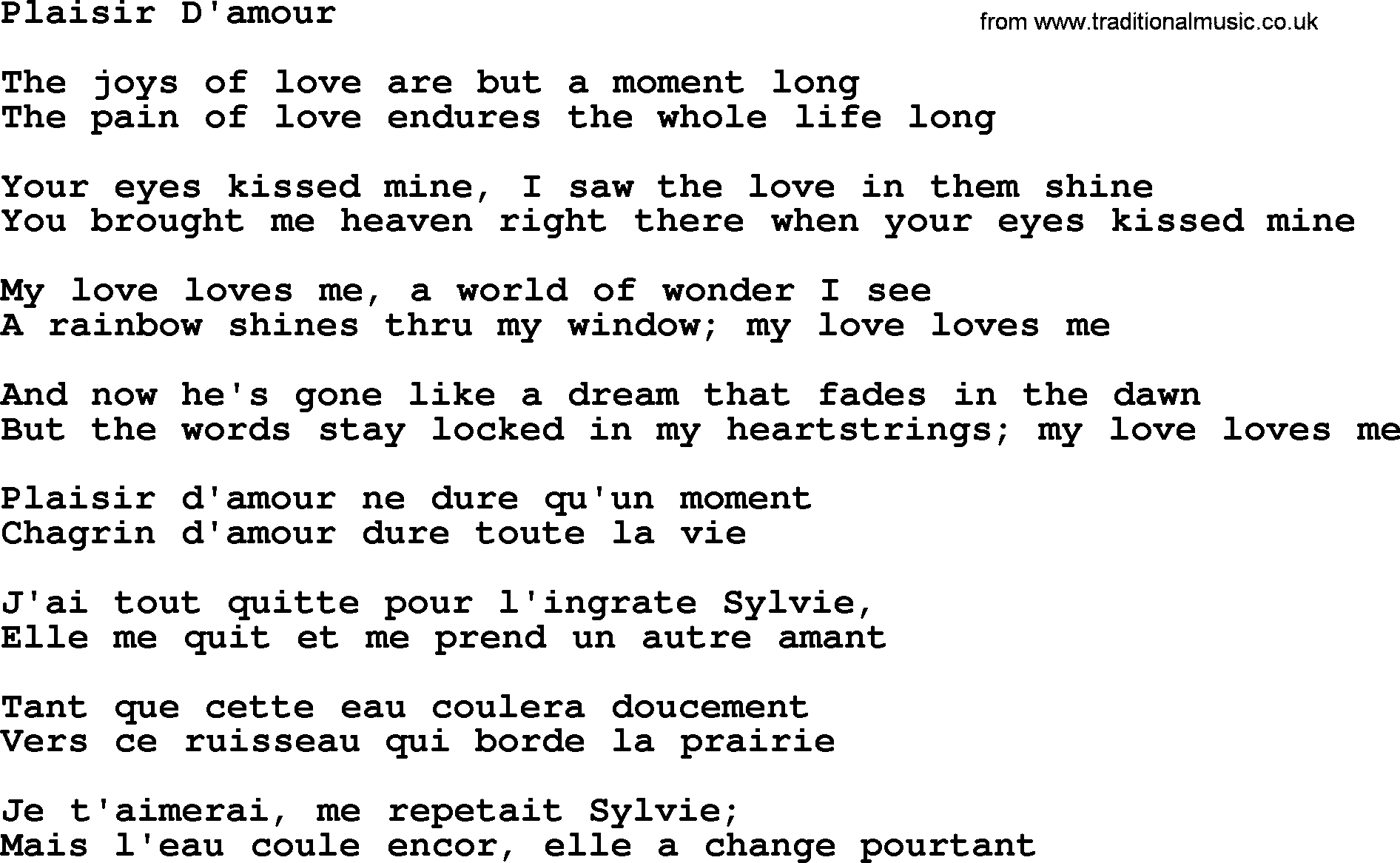 Joan Baez song Plaisir D'amour, lyrics