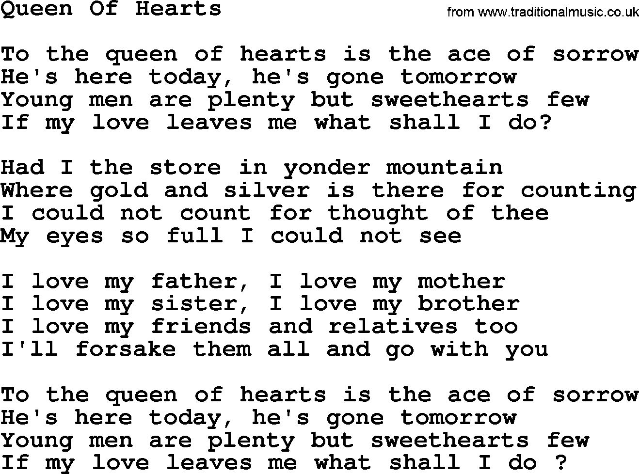 Joan Baez song Queen Of Hearts, lyrics