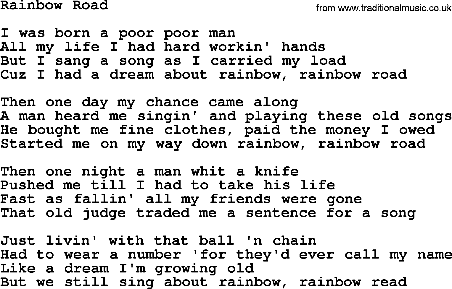 Joan Baez song Rainbow Road, lyrics
