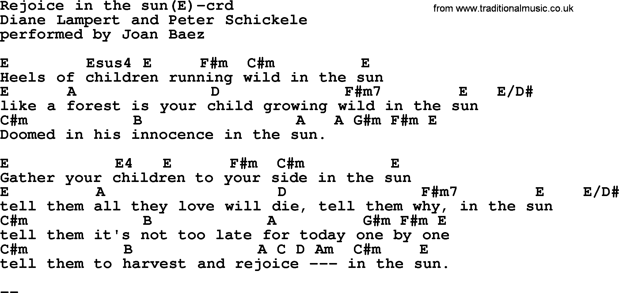 Joan Baez song Rejoice In The Sun(E) lyrics and chords