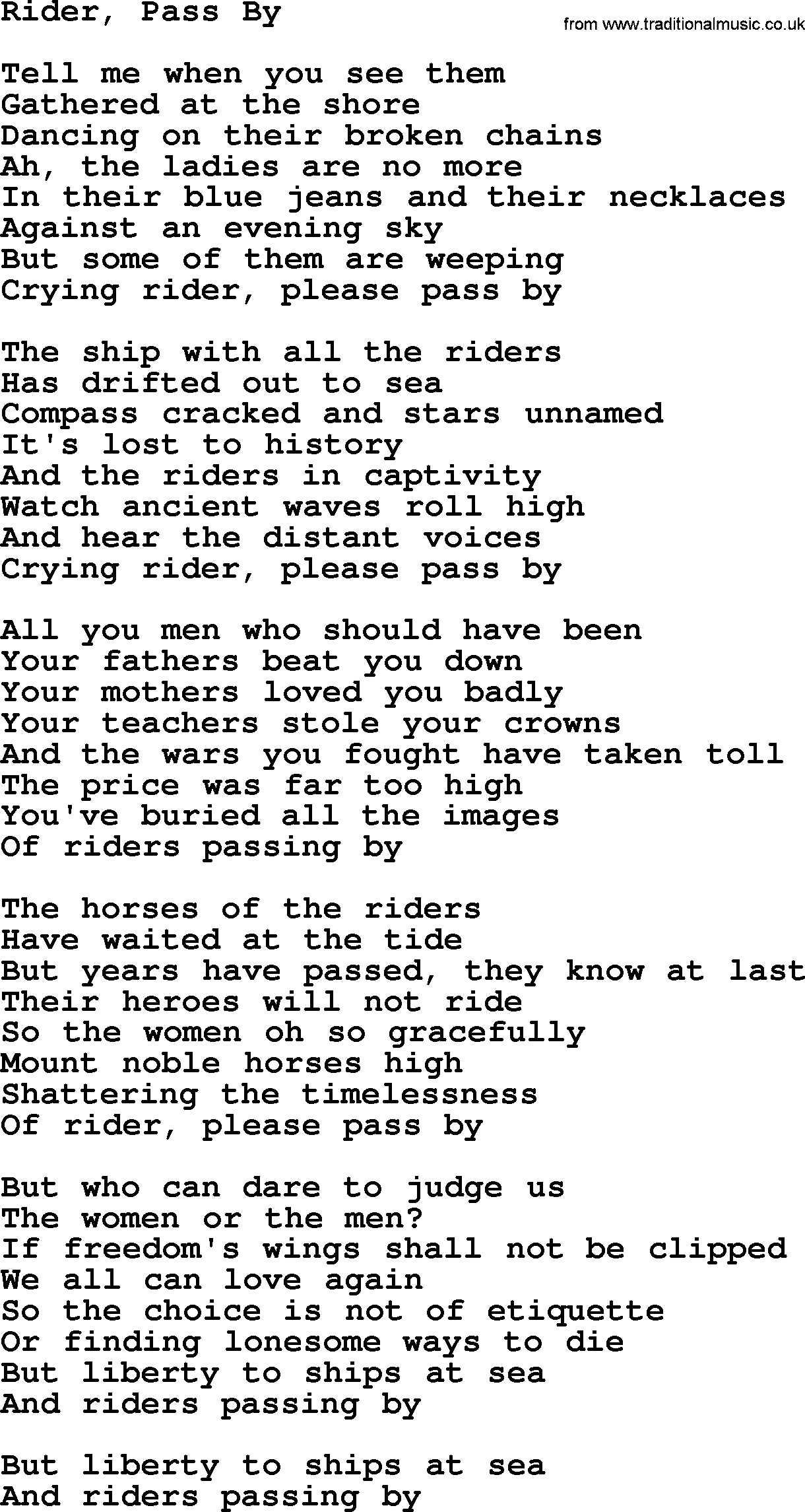 Joan Baez song Rider, Pass By, lyrics