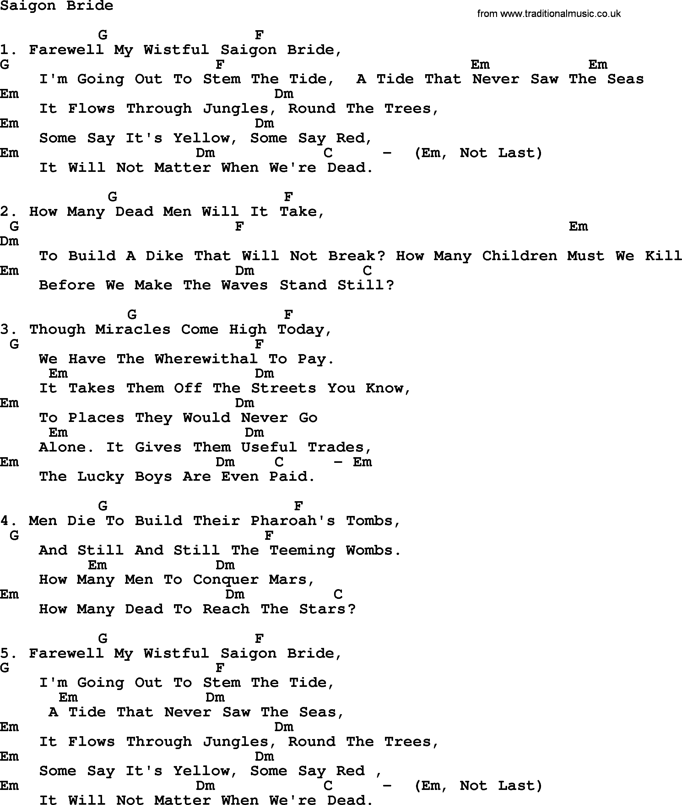 Joan Baez song Saigon Bride lyrics and chords
