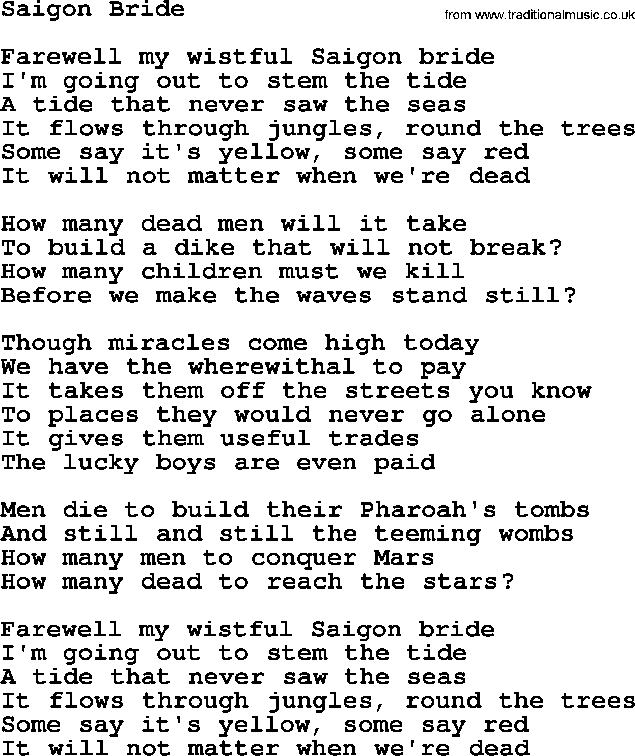 Joan Baez song Saigon Bride, lyrics