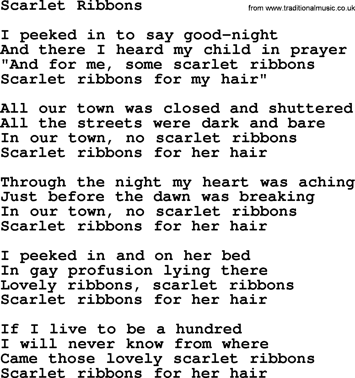 Joan Baez song Scarlet Ribbons, lyrics