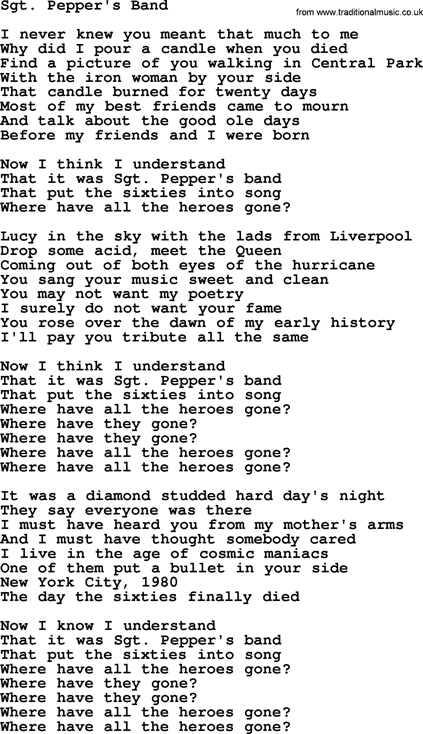Joan Baez song Sgt Pepper's Band, lyrics