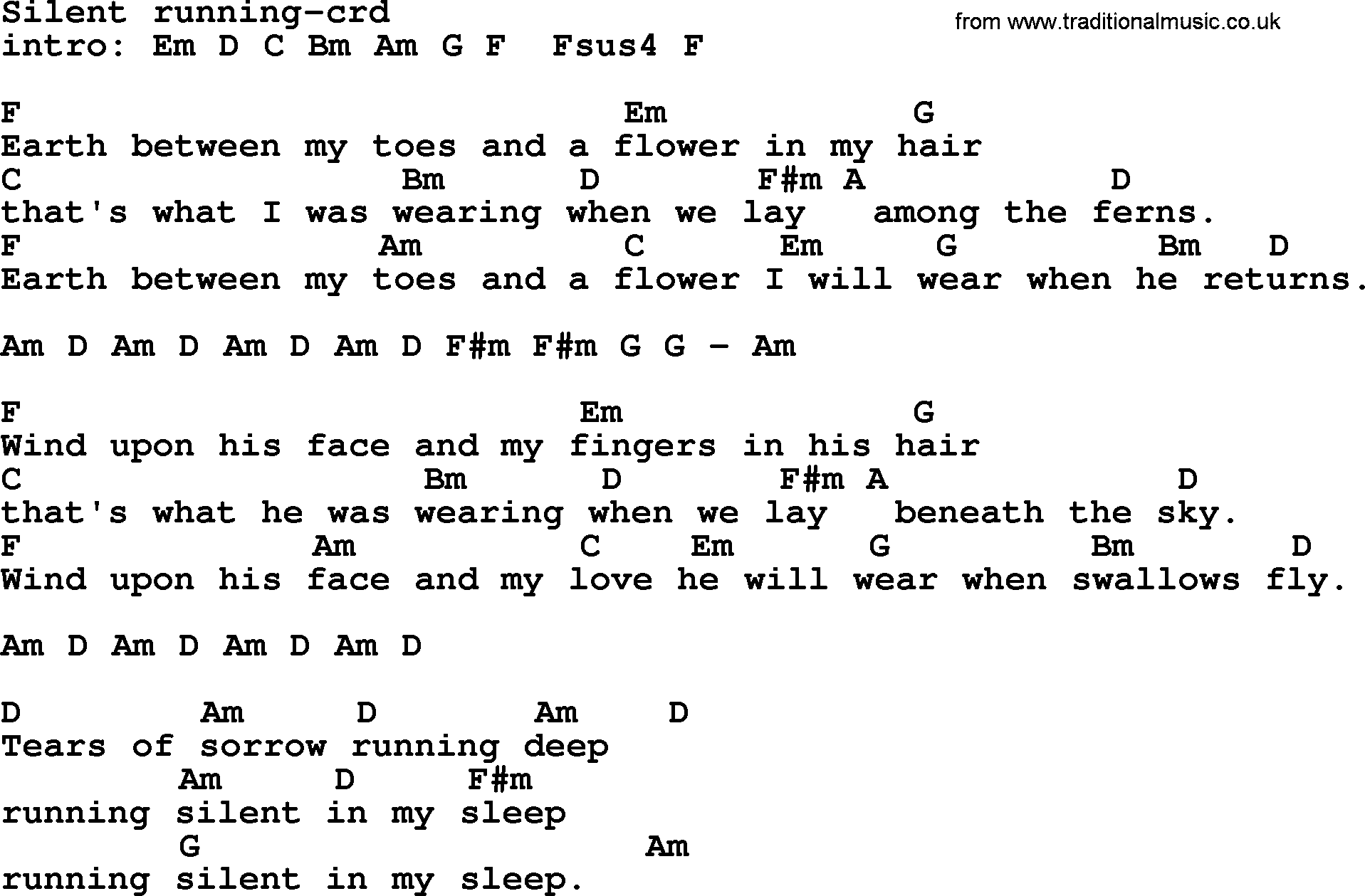Joan Baez song Silent Running lyrics and chords