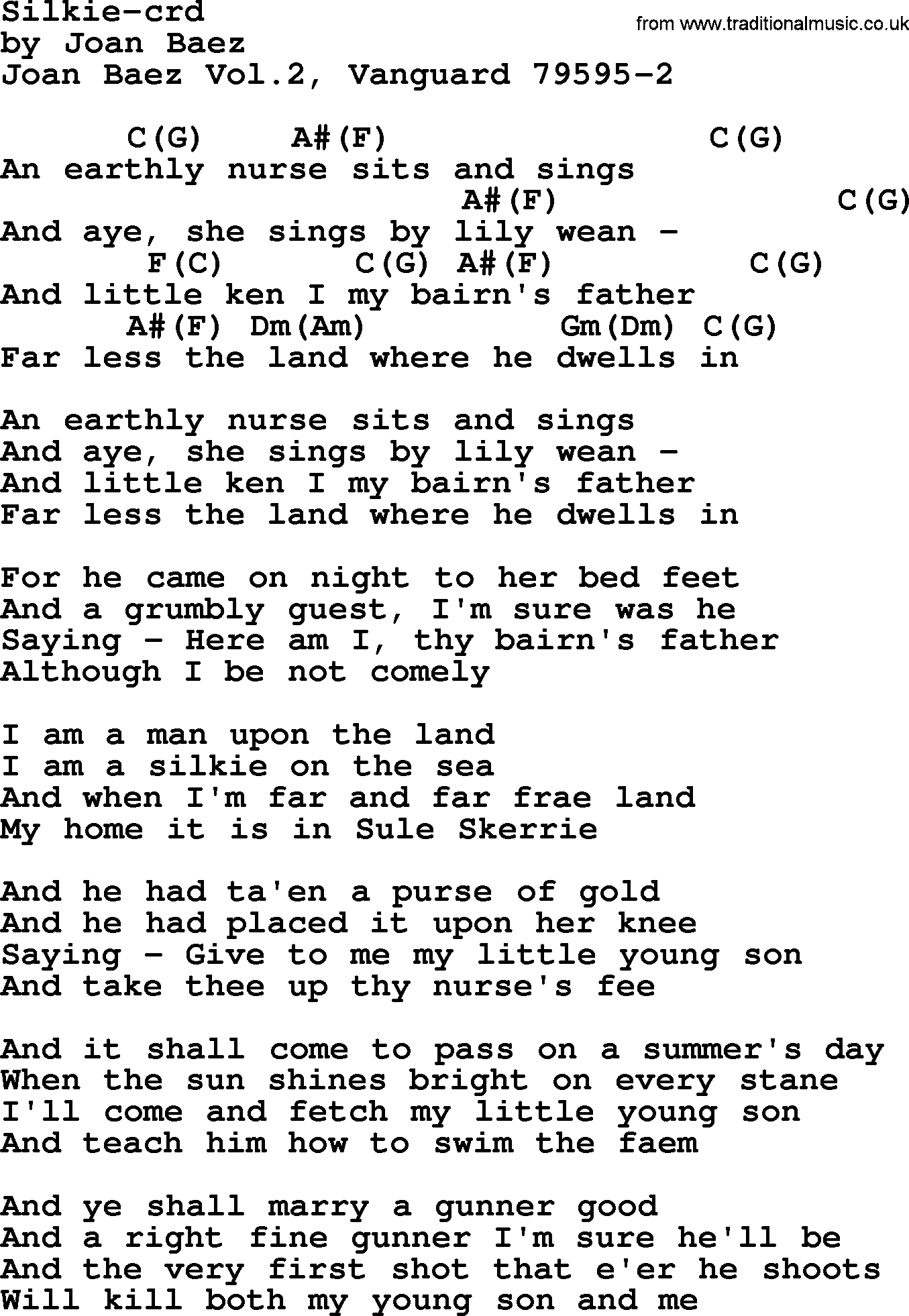 Joan Baez song Silkie lyrics and chords
